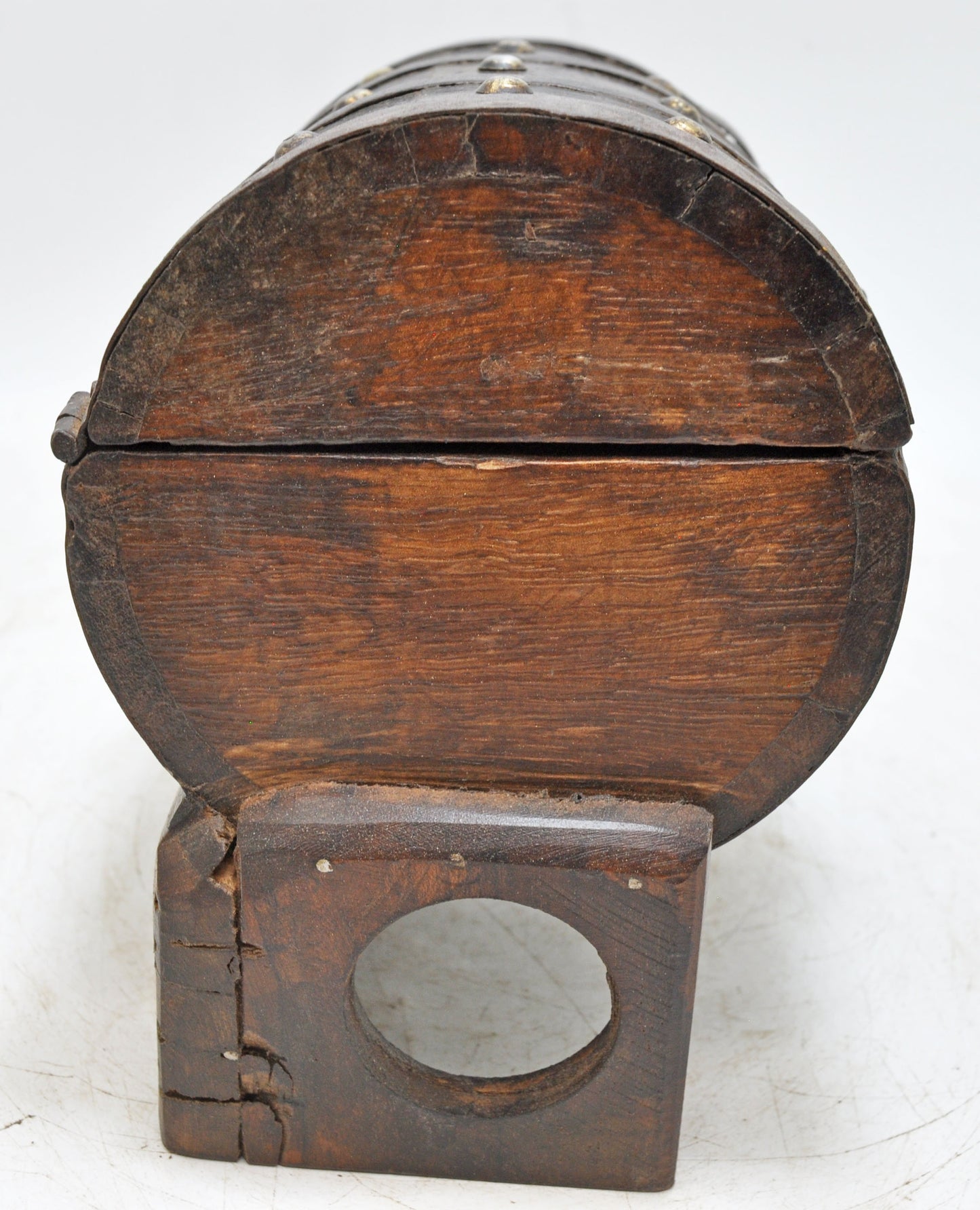 Vintage Wooden Round Storage Chest Box on Stand Original Old Metal Fitted