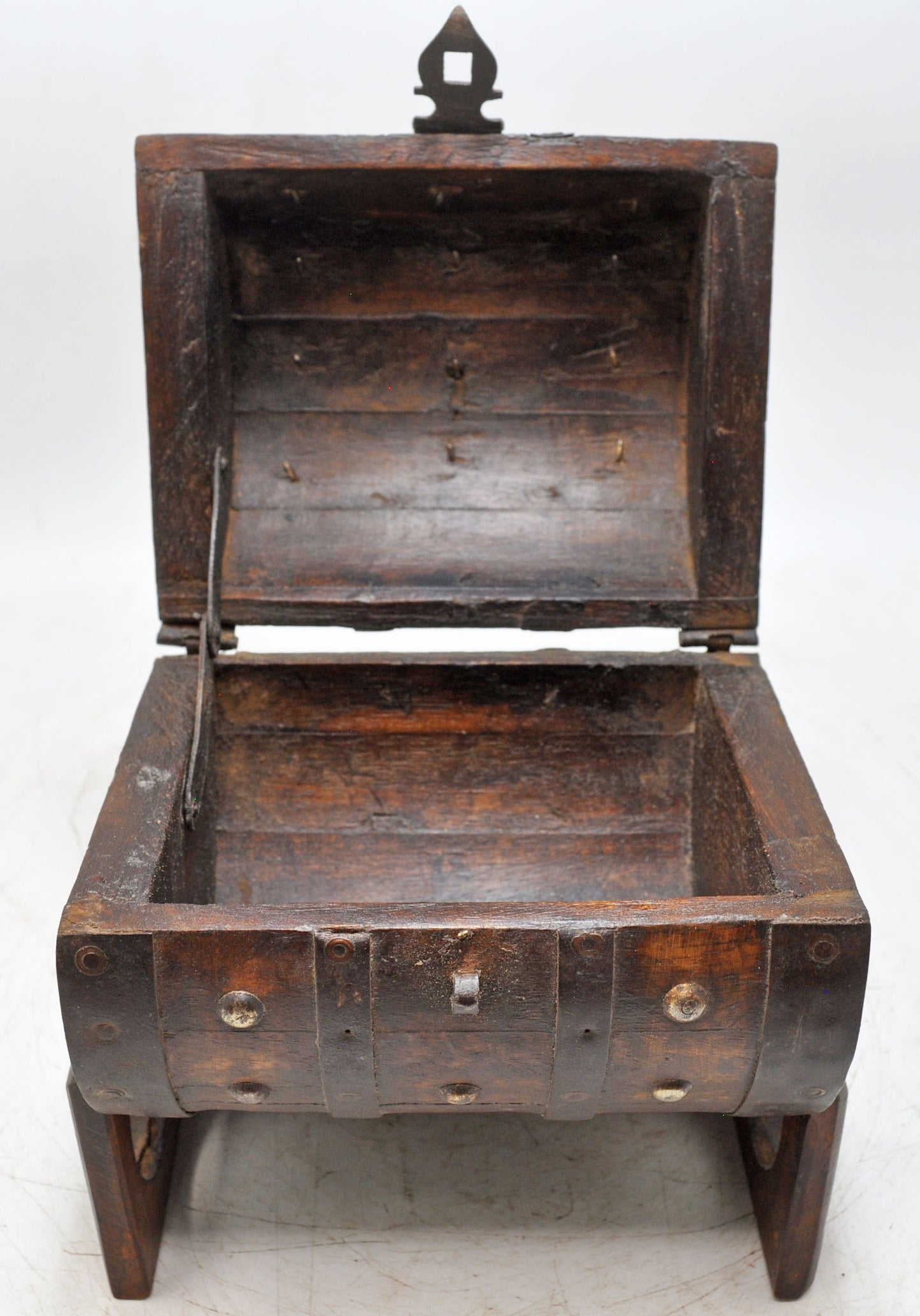 Vintage Wooden Round Storage Chest Box on Stand Original Old Metal Fitted