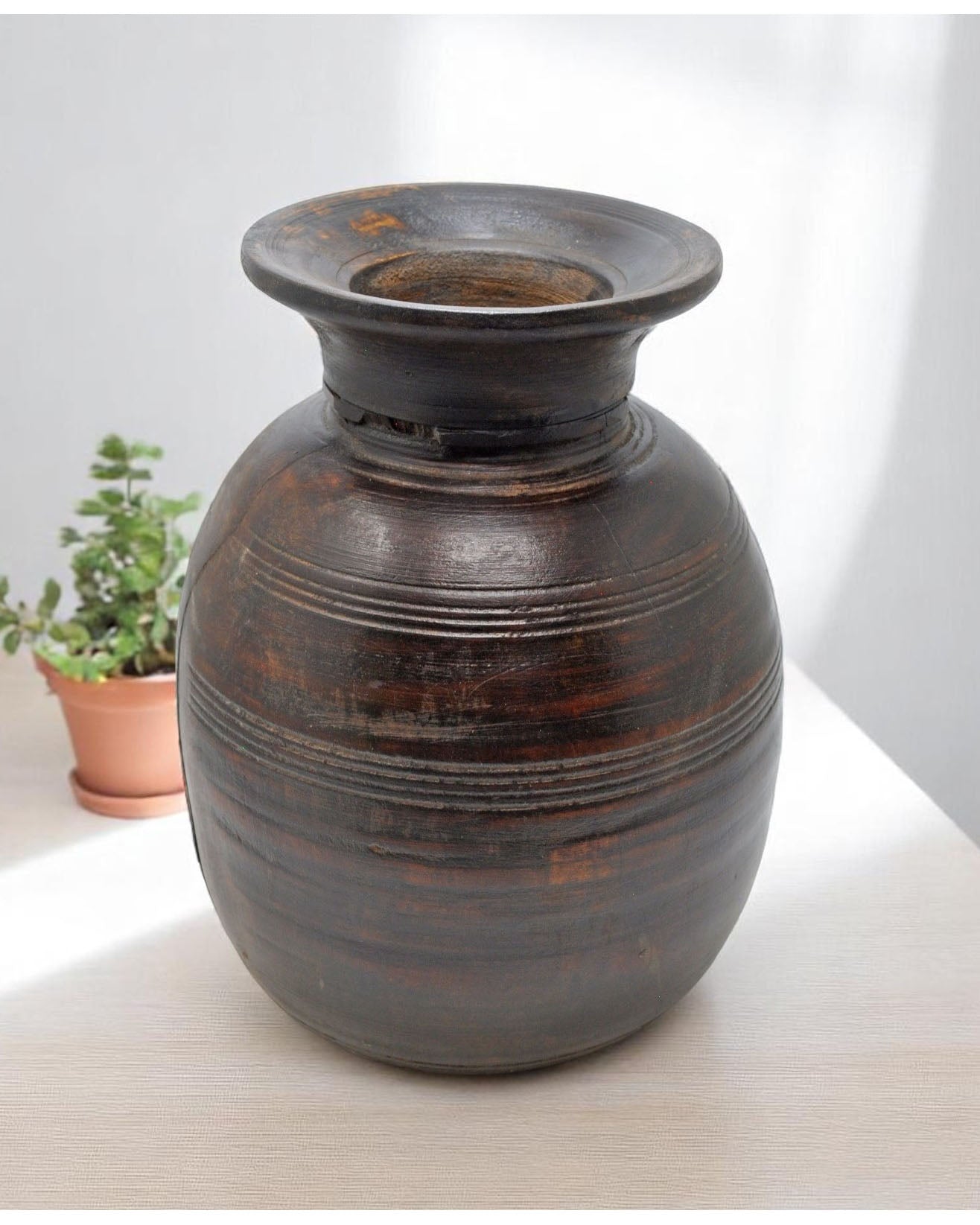 Antique Wooden Himalayan Water Pot Matka Original Old Hand Carved