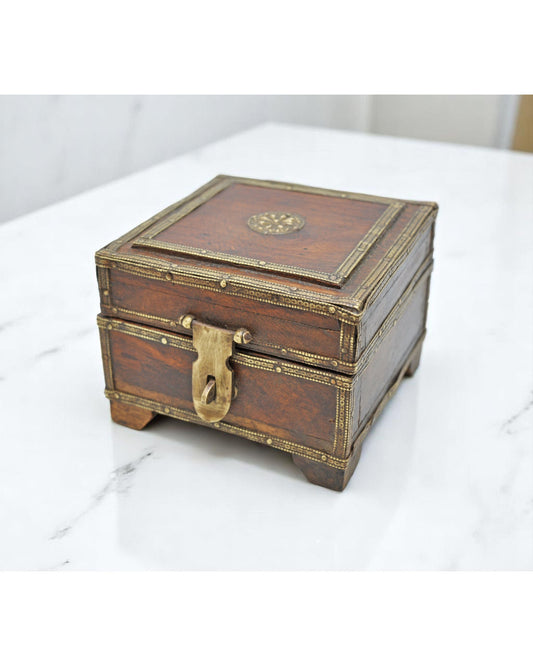 Vintage Wooden Square Jewelery Storage Box Original Old Brass Fitted