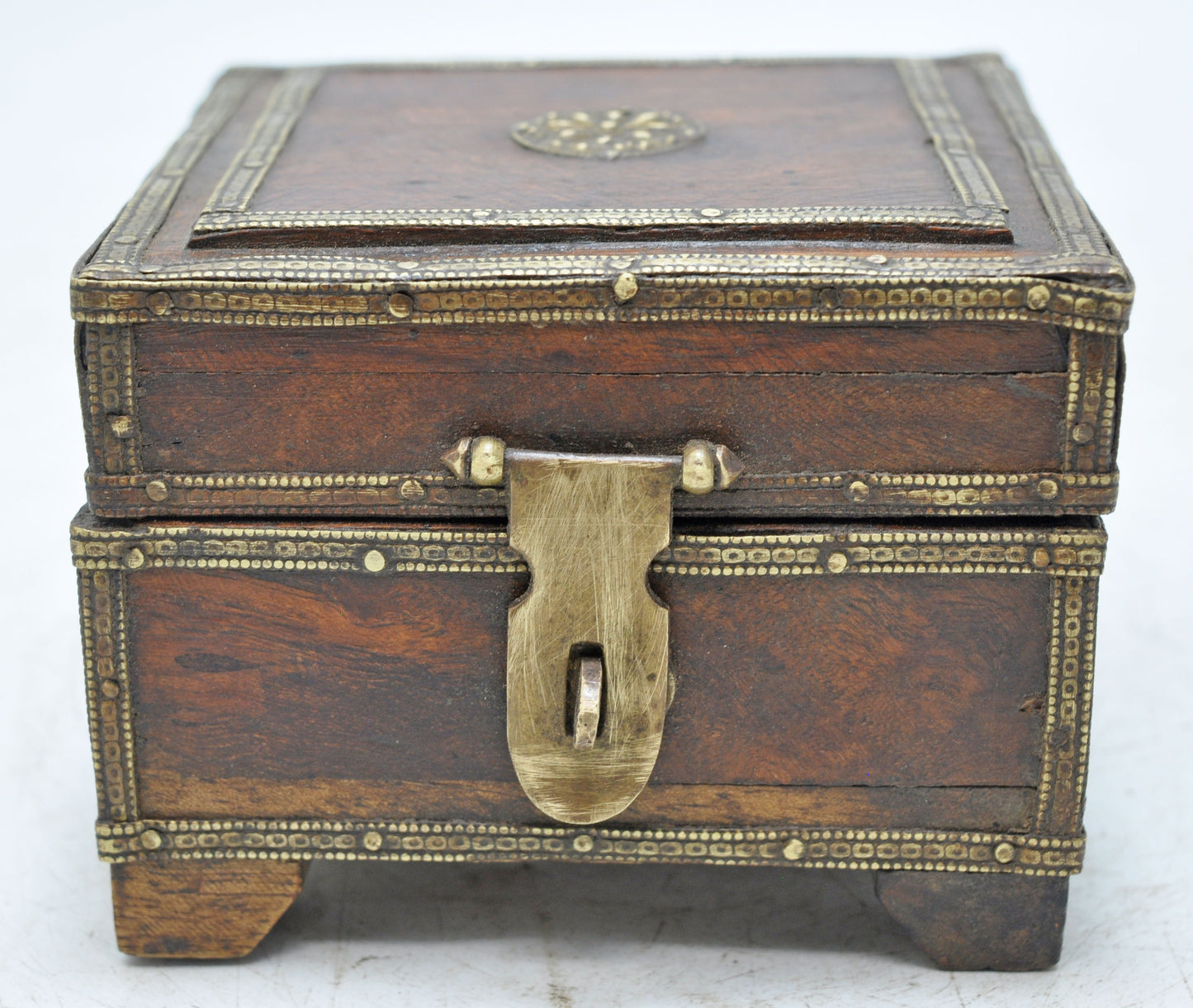 Vintage Wooden Square Jewelery Storage Box Original Old Brass Fitted