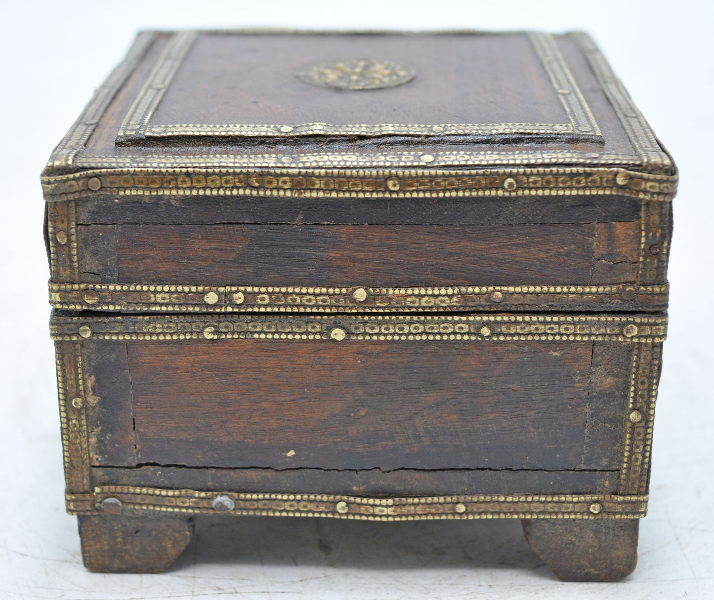 Vintage Wooden Square Jewelery Storage Box Original Old Brass Fitted