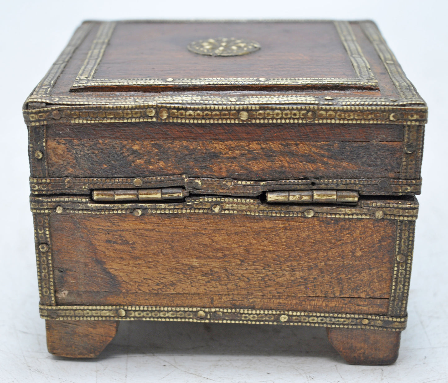 Vintage Wooden Square Jewelery Storage Box Original Old Brass Fitted