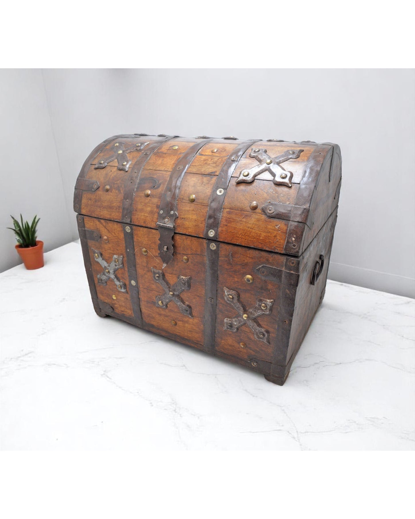 Vintage Wooden Half Round Storage Box Original Old Hand Crafted Metal Fitted