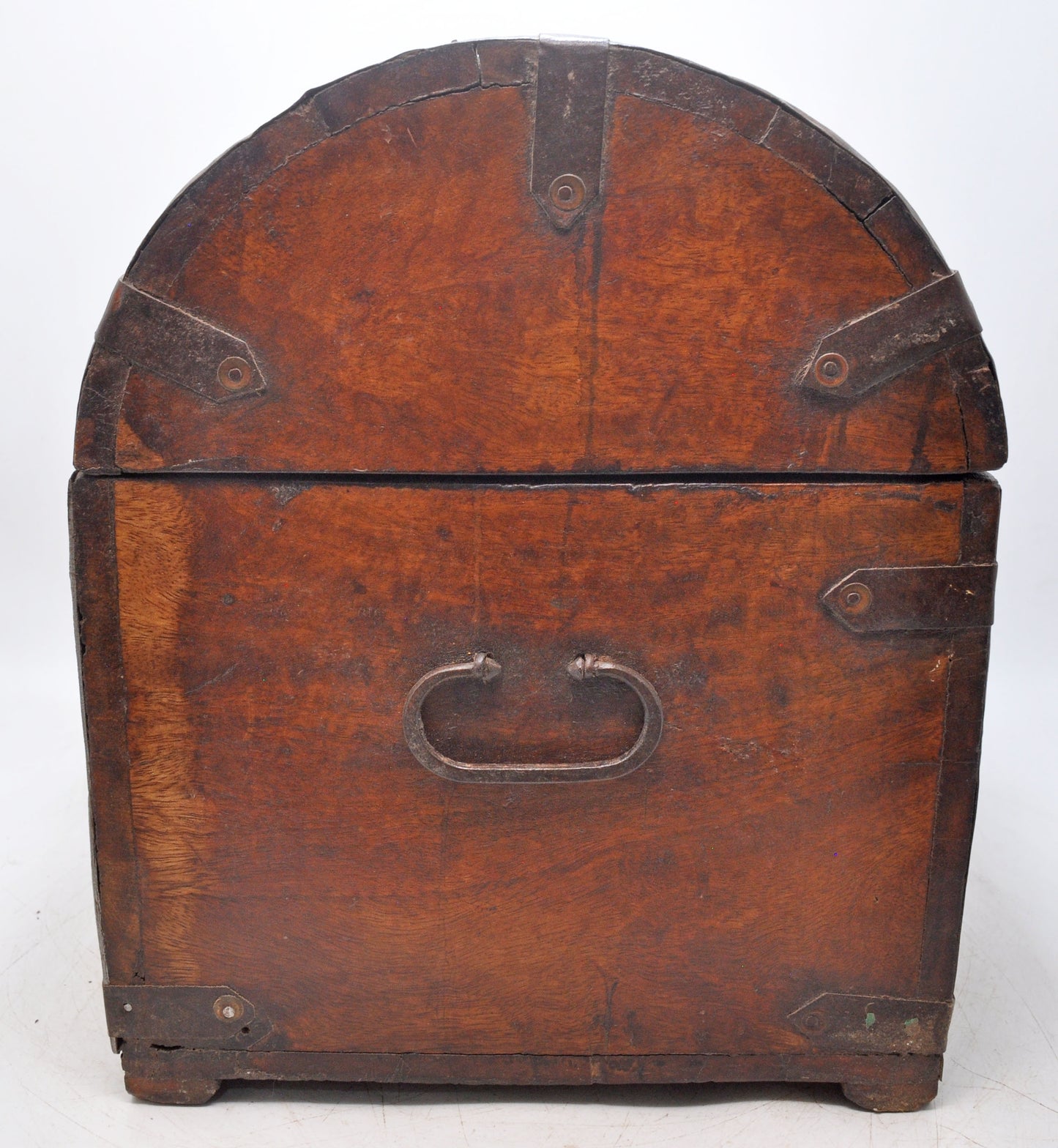 Vintage Wooden Half Round Storage Box Original Old Hand Crafted Metal Fitted