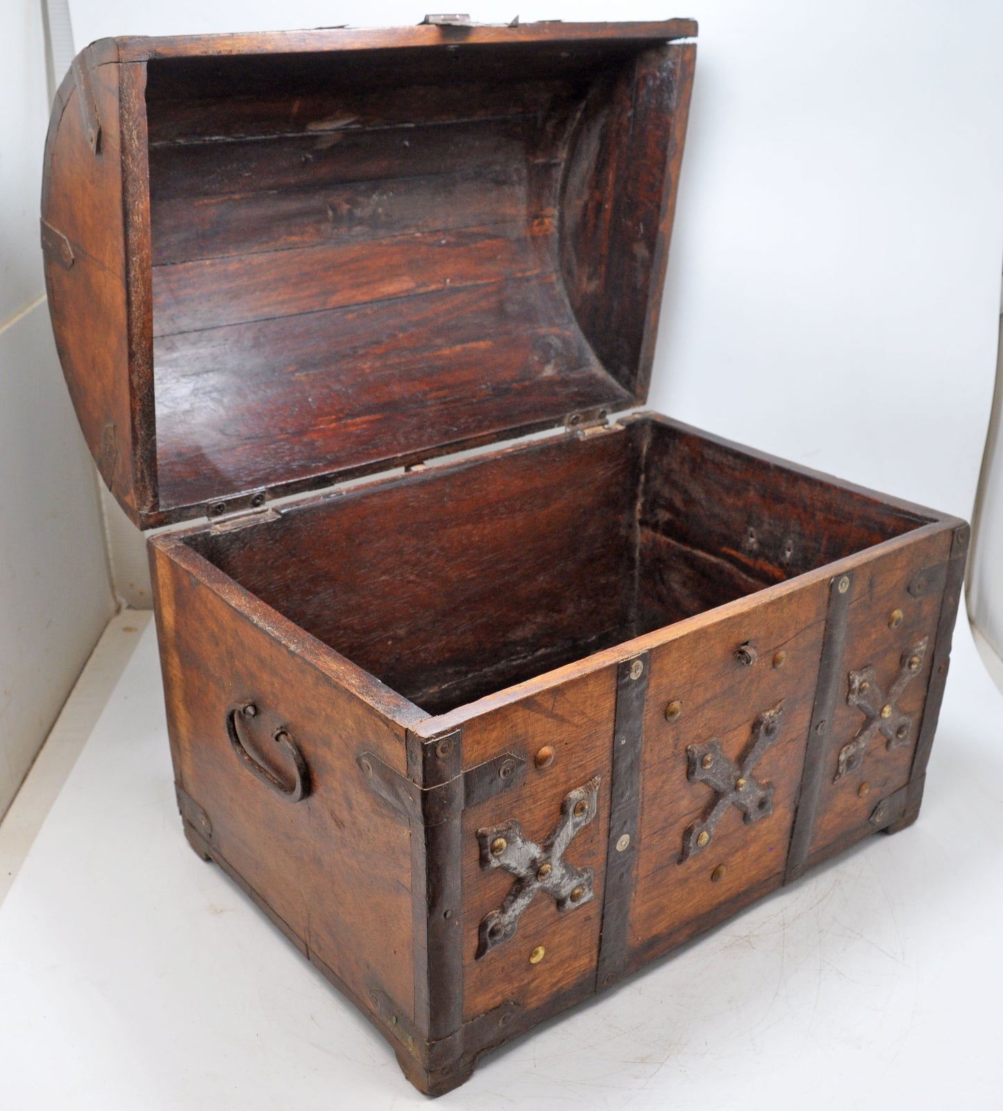 Vintage Wooden Half Round Storage Box Original Old Hand Crafted Metal Fitted