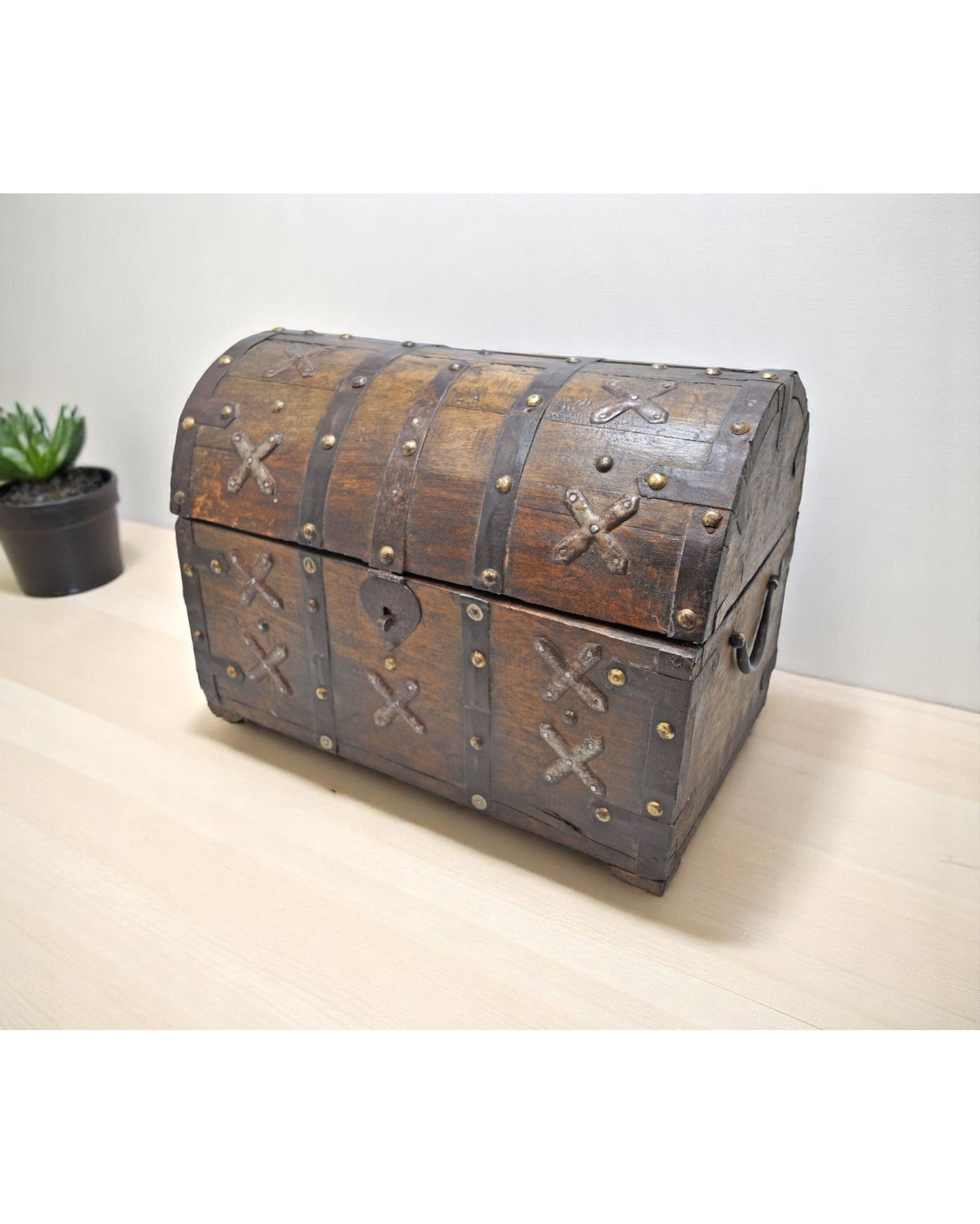 Vintage Wooden Half Round Storage Box Original Old Hand Crafted Metal Fitted