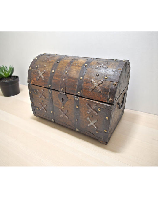 Vintage Wooden Half Round Storage Box Original Old Hand Crafted Metal Fitted