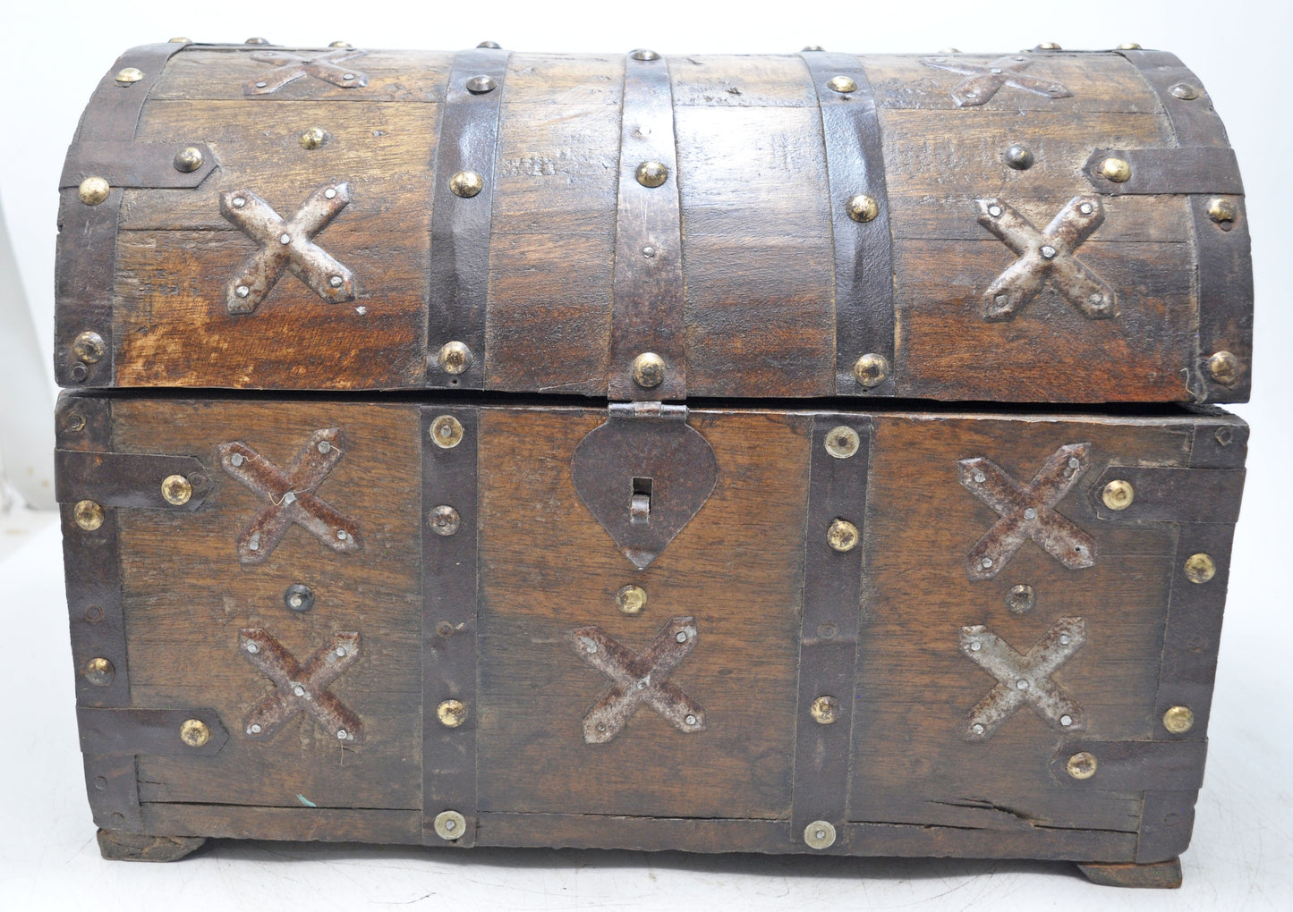 Vintage Wooden Half Round Storage Box Original Old Hand Crafted Metal Fitted