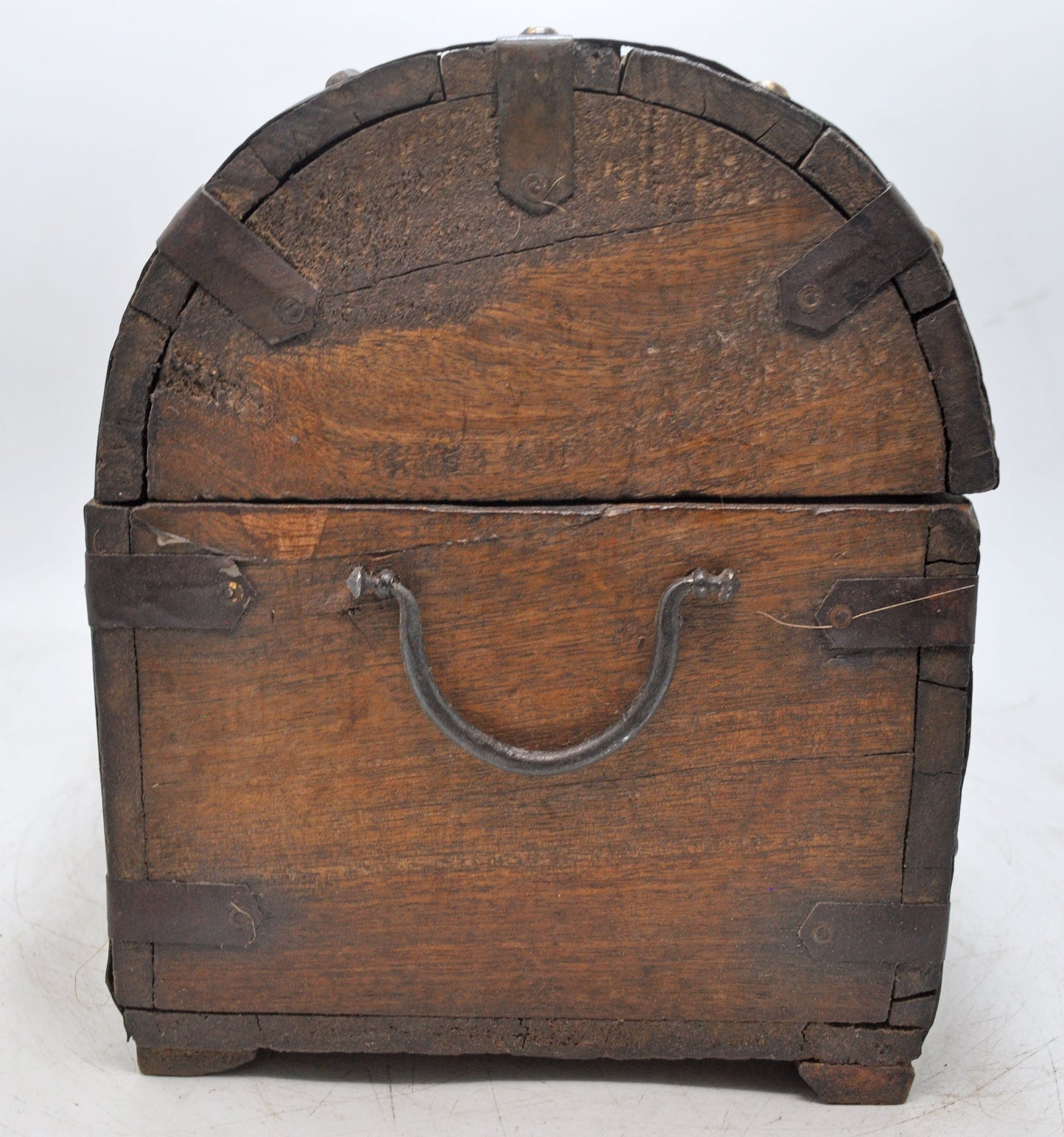 Vintage Wooden Half Round Storage Box Original Old Hand Crafted Metal Fitted