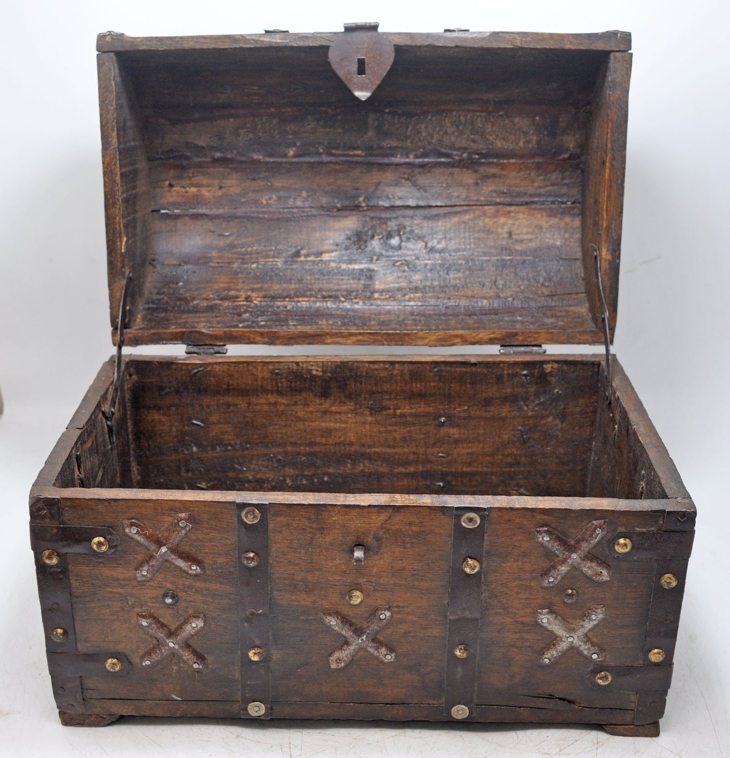 Vintage Wooden Half Round Storage Box Original Old Hand Crafted Metal Fitted