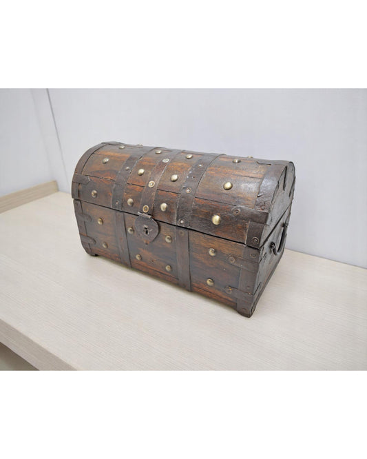 Vintage Wooden Half Round Storage Box Original Old Hand Crafted Metal Fitted