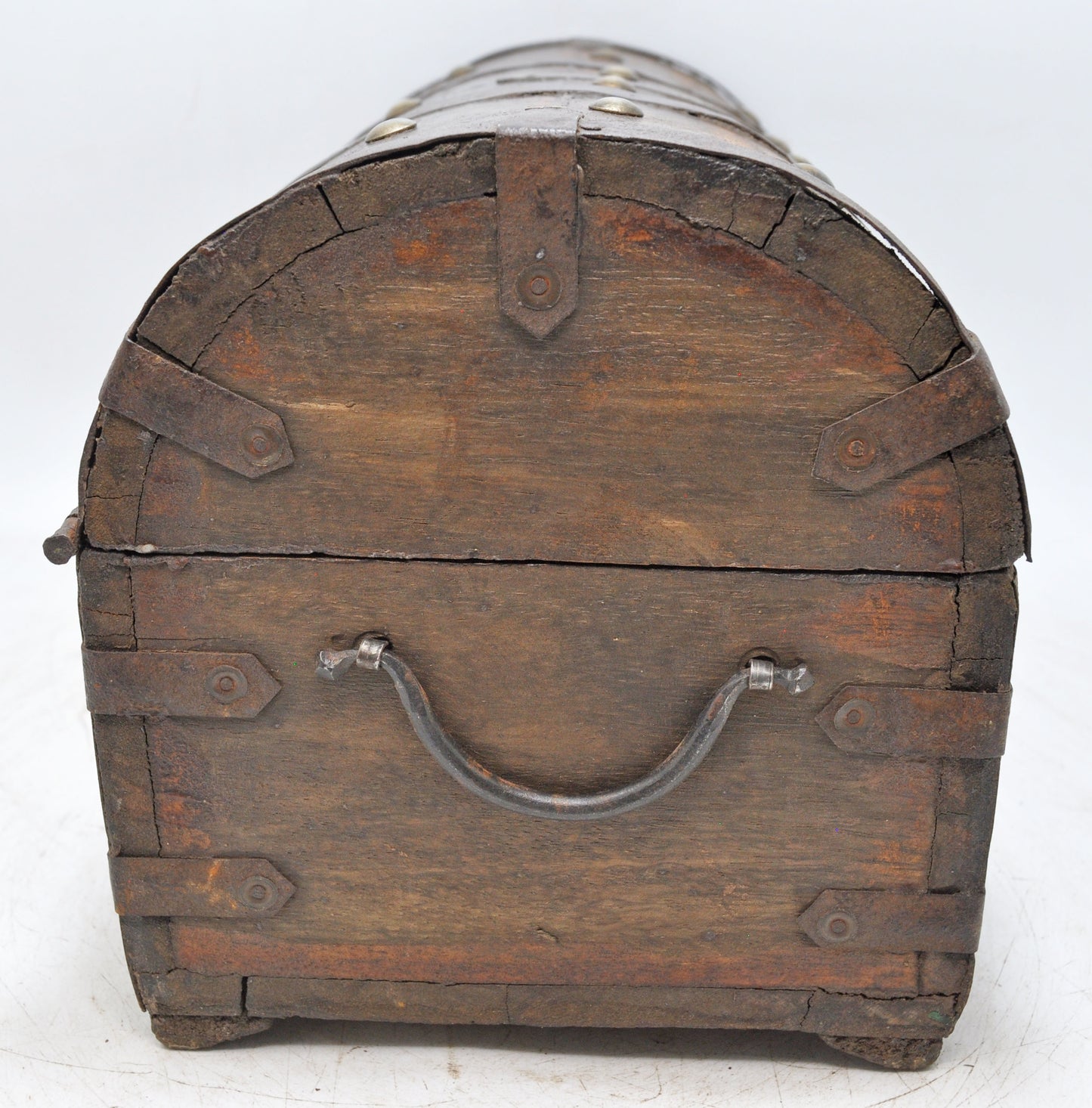 Vintage Wooden Half Round Storage Box Original Old Hand Crafted Metal Fitted