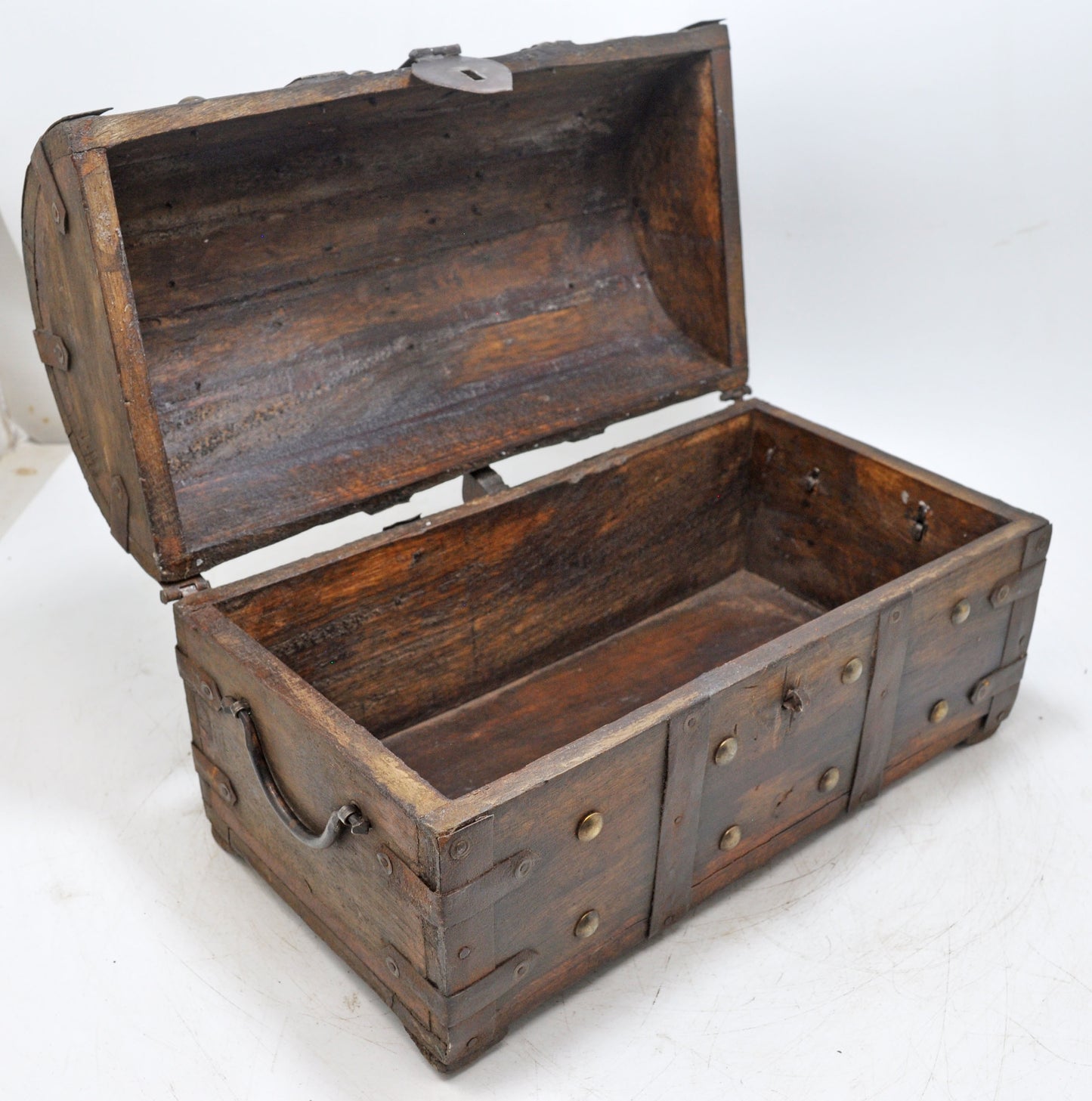 Vintage Wooden Half Round Storage Box Original Old Hand Crafted Metal Fitted