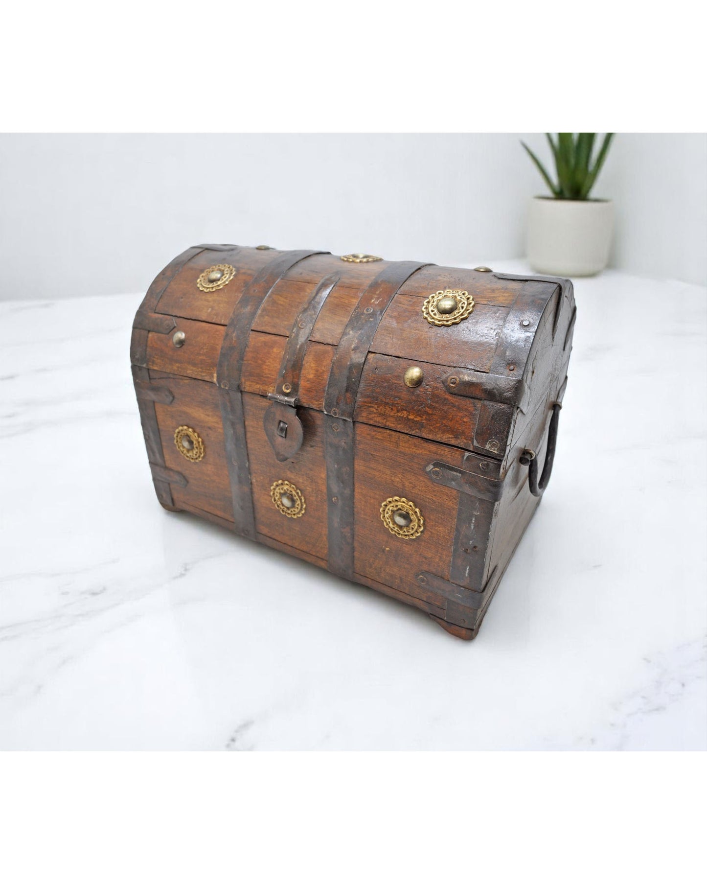 Vintage Wooden Half Round Storage Box Original Old Hand Crafted Metal Fitted