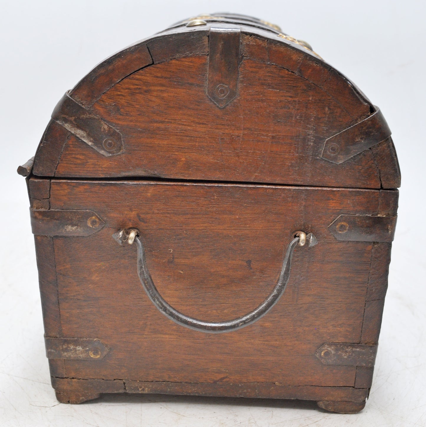 Vintage Wooden Half Round Storage Box Original Old Hand Crafted Metal Fitted