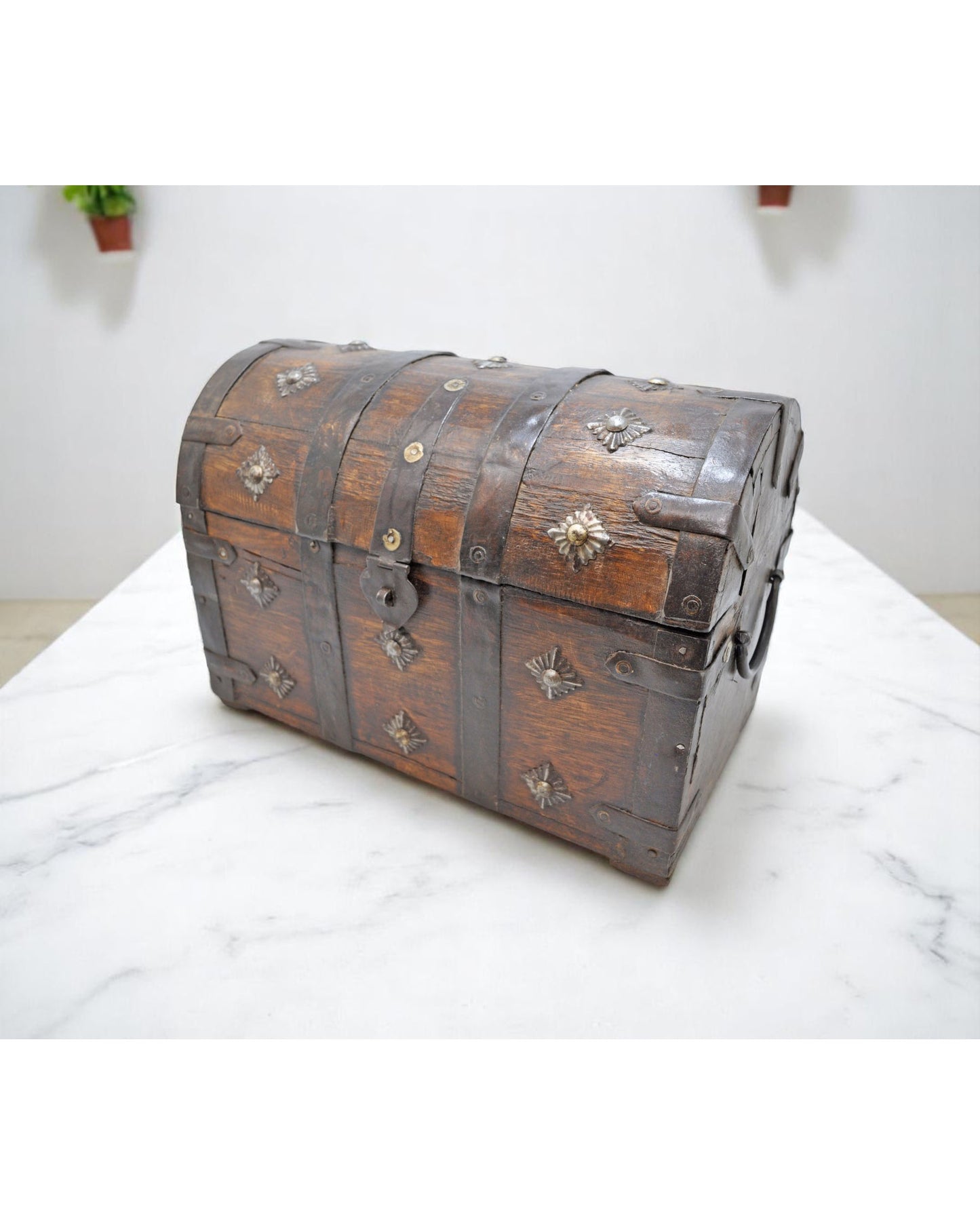 Vintage Wooden Half Round Storage Box Original Old Hand Crafted Metal Fitted