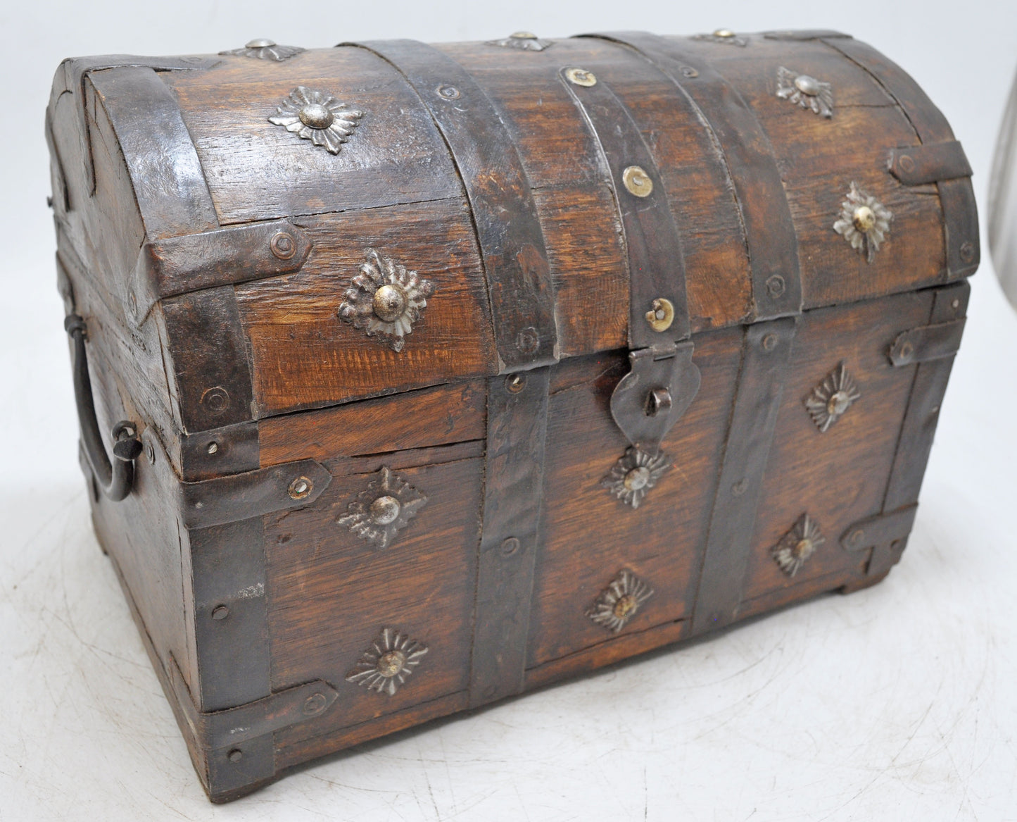 Vintage Wooden Half Round Storage Box Original Old Hand Crafted Metal Fitted