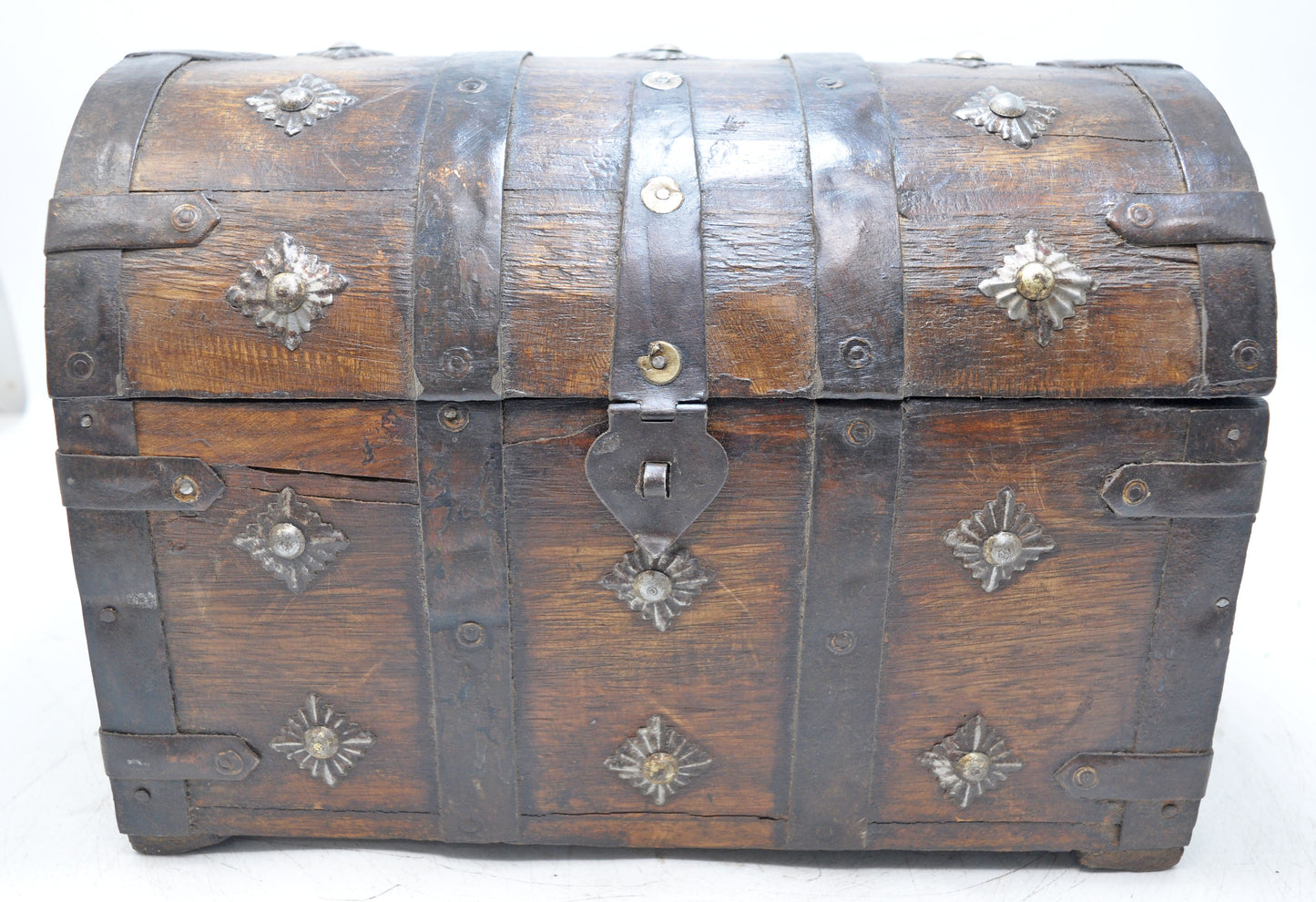 Vintage Wooden Half Round Storage Box Original Old Hand Crafted Metal Fitted