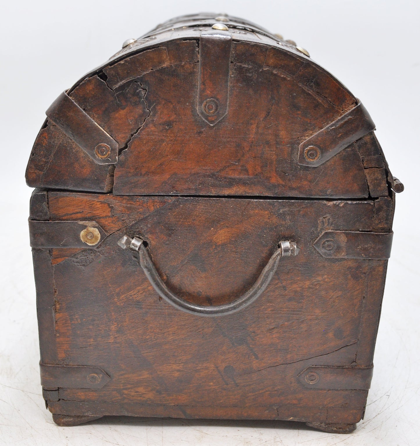 Vintage Wooden Half Round Storage Box Original Old Hand Crafted Metal Fitted