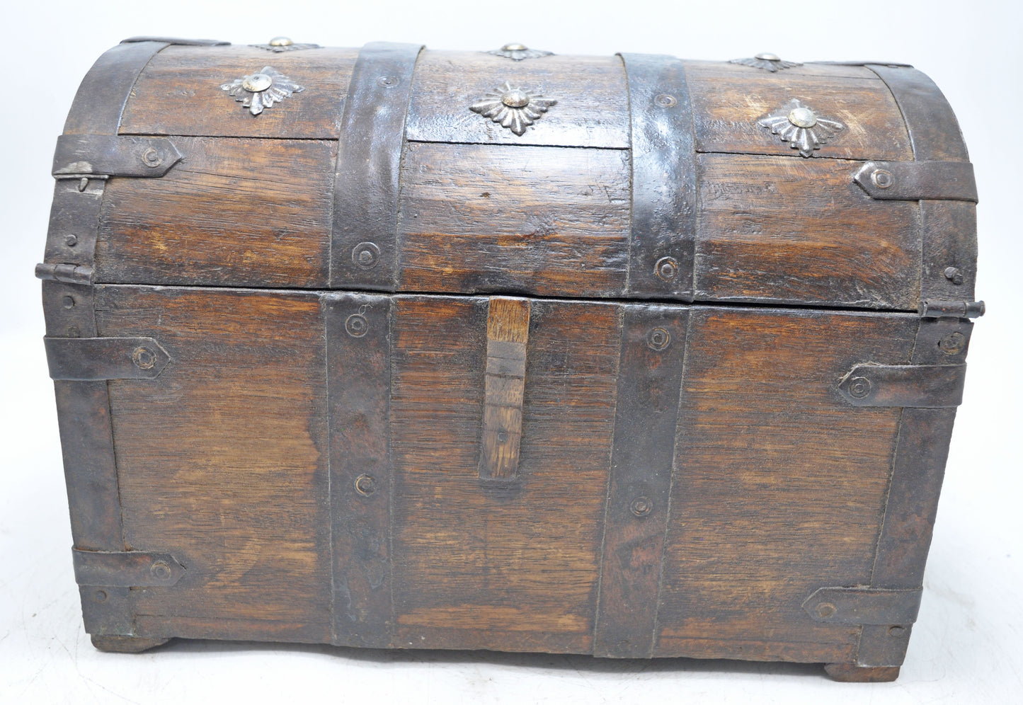 Vintage Wooden Half Round Storage Box Original Old Hand Crafted Metal Fitted