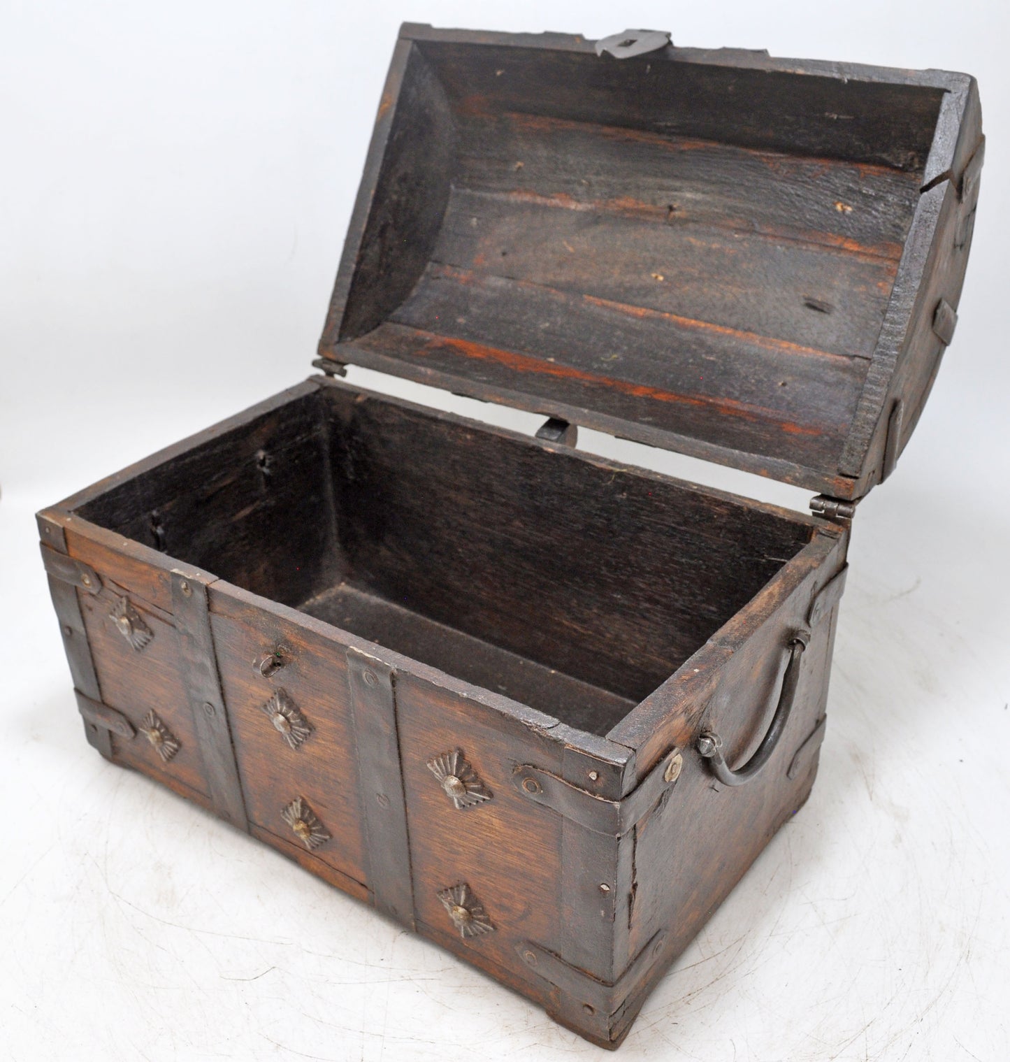 Vintage Wooden Half Round Storage Box Original Old Hand Crafted Metal Fitted