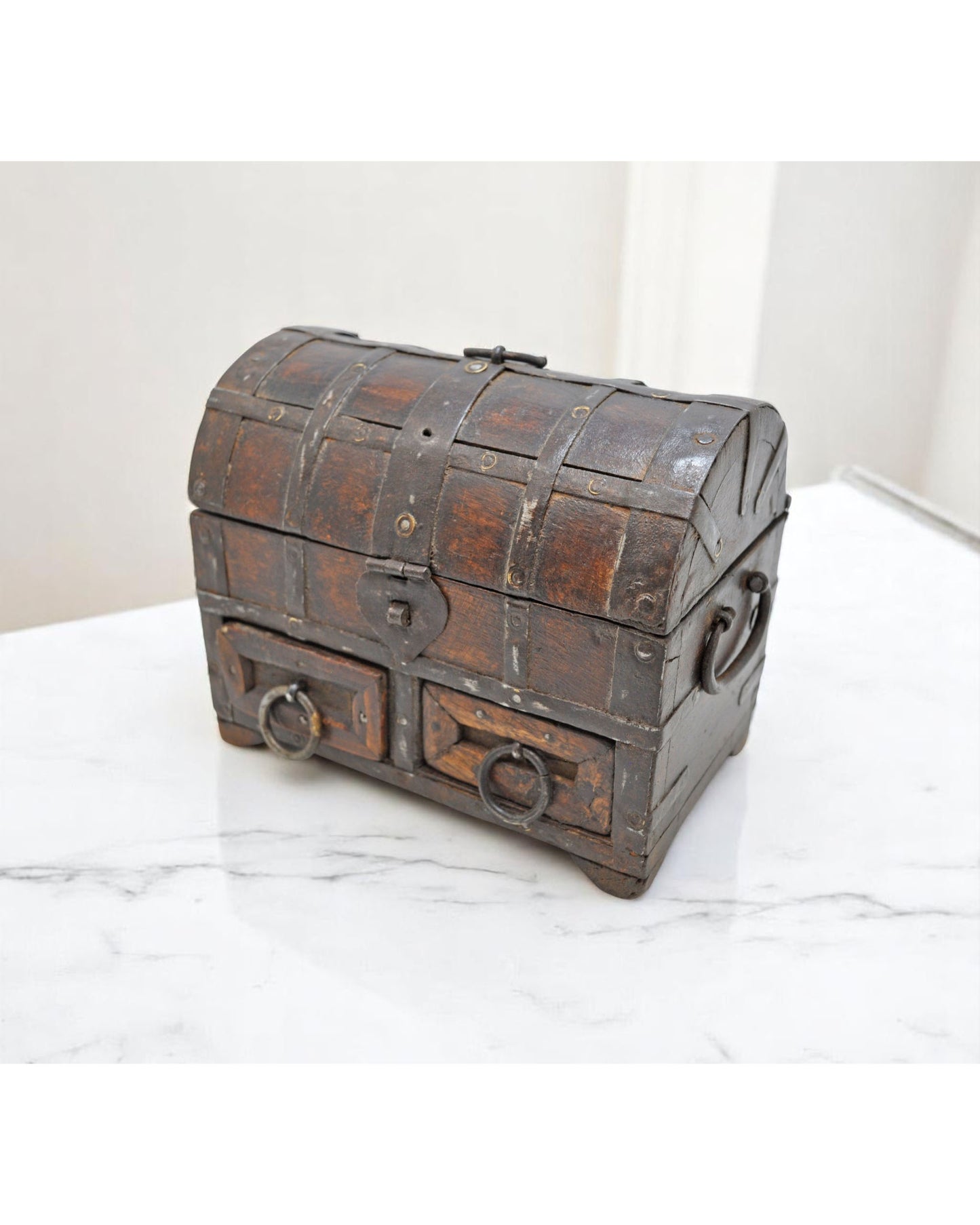 Vintage Wooden Half Round Storage Box Original Old Hand Crafted Metal Fitted