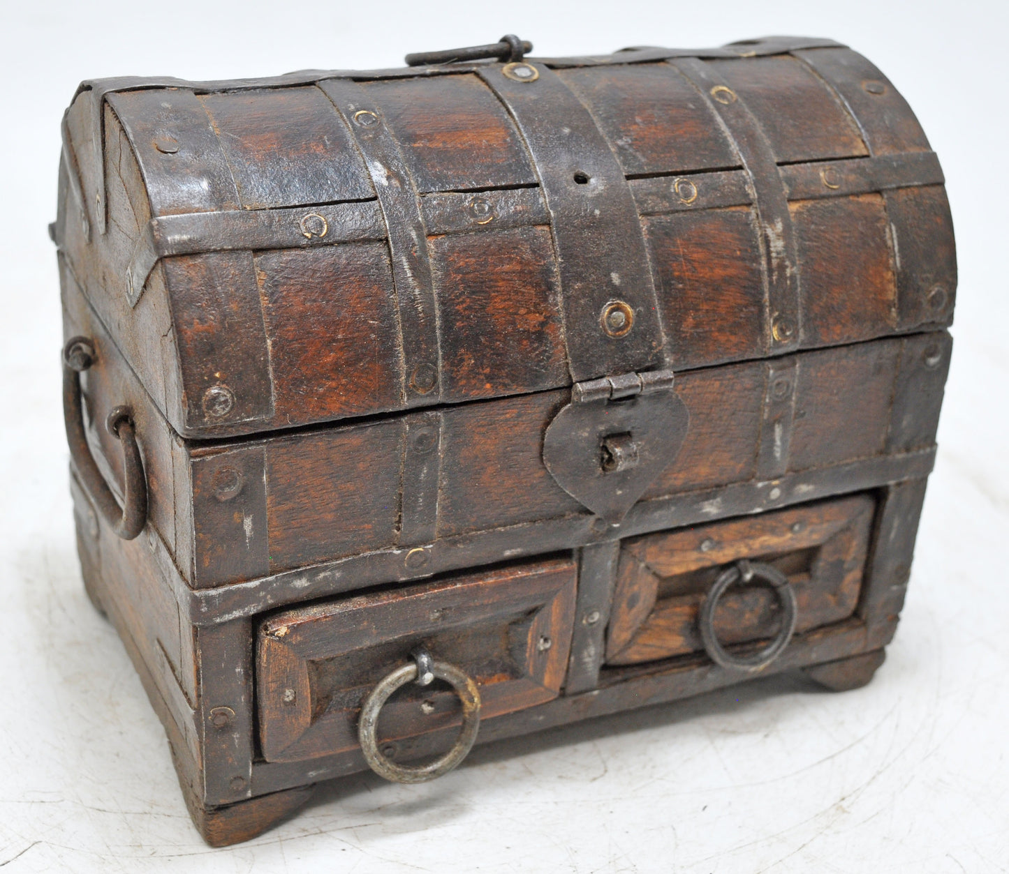 Vintage Wooden Half Round Storage Box Original Old Hand Crafted Metal Fitted