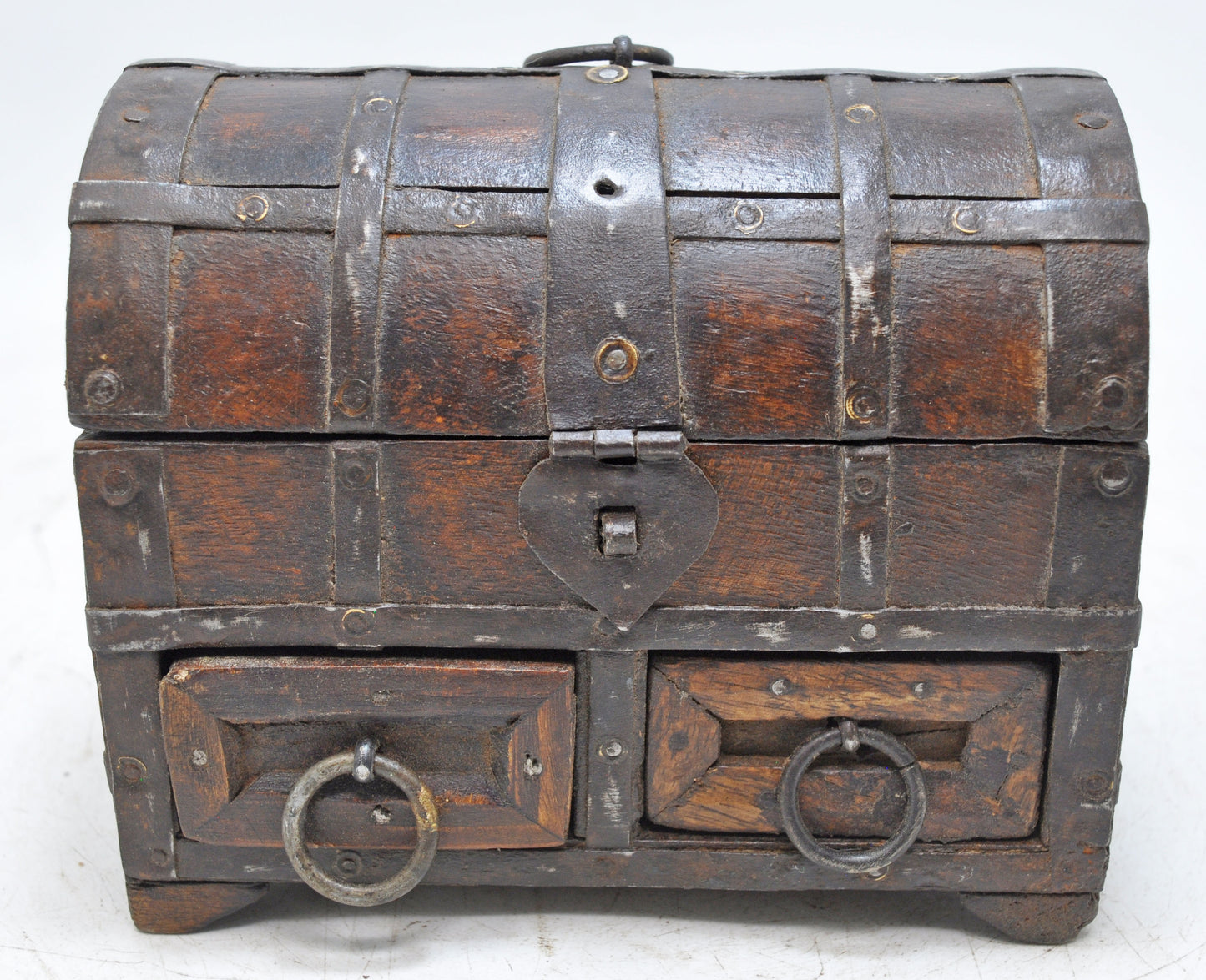 Vintage Wooden Half Round Storage Box Original Old Hand Crafted Metal Fitted