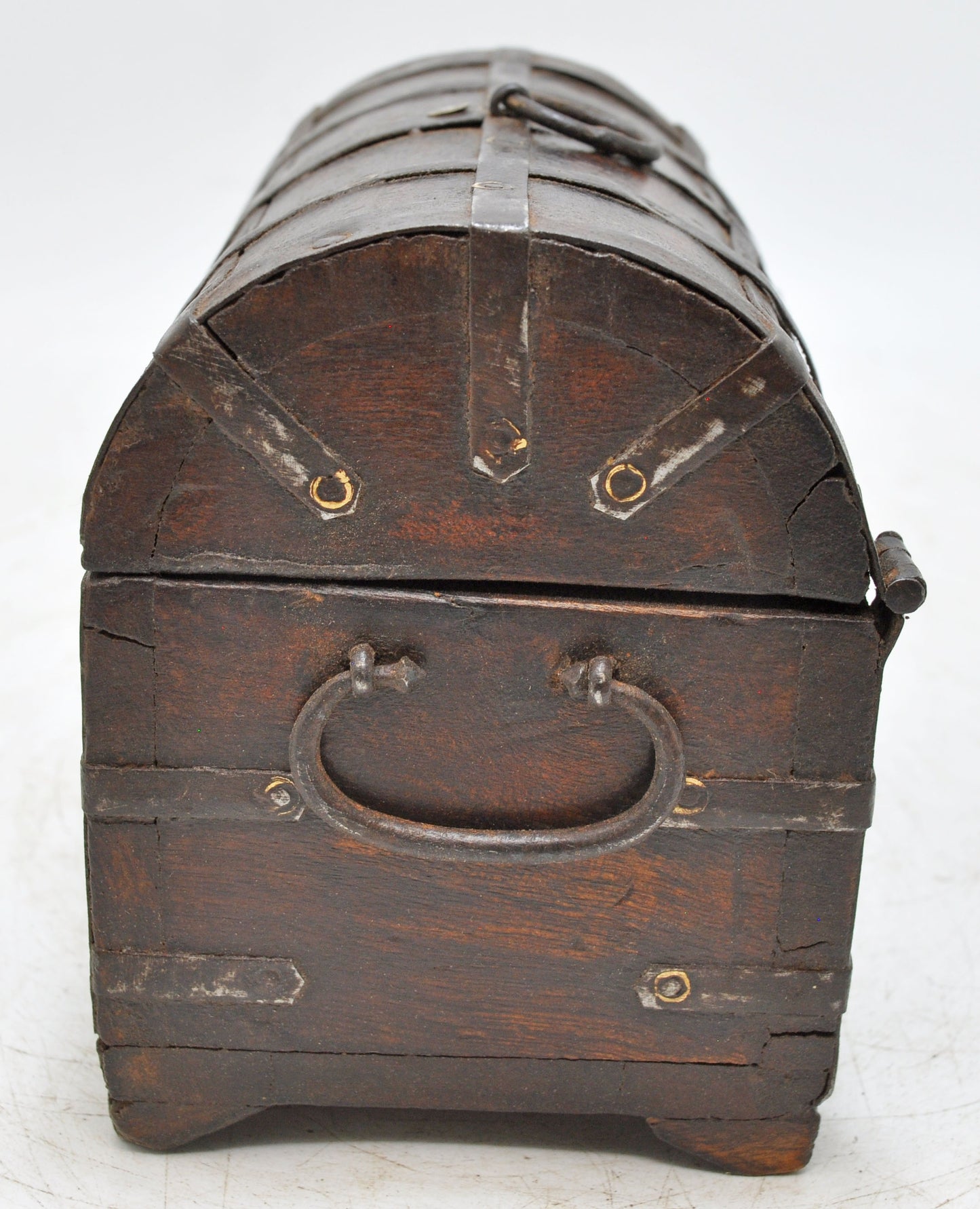 Vintage Wooden Half Round Storage Box Original Old Hand Crafted Metal Fitted