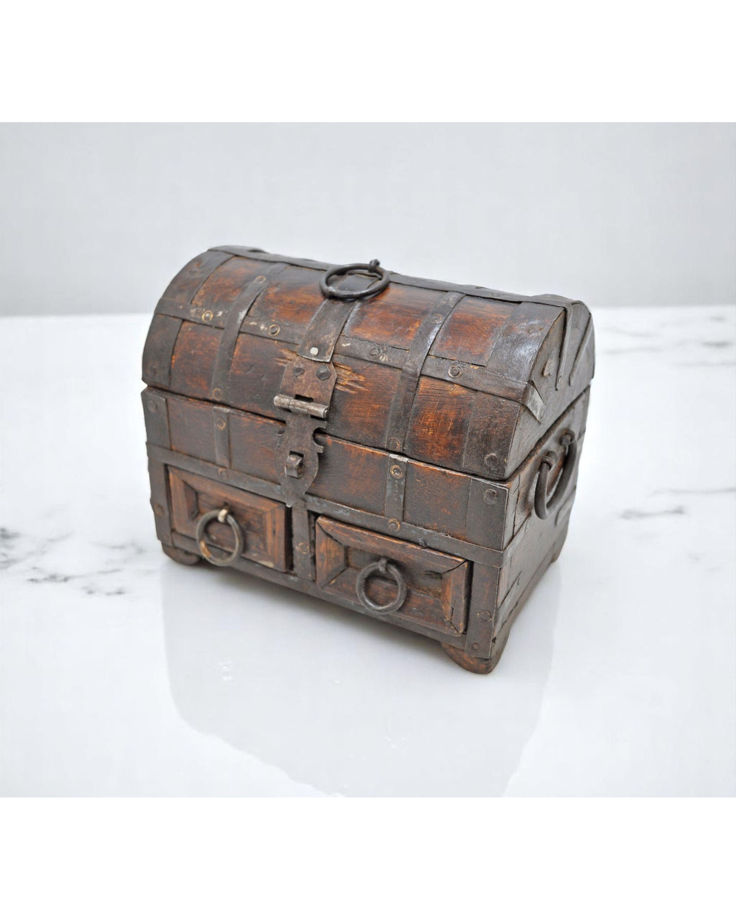 Vintage Wooden Half Round Storage Box Original Old Hand Crafted Metal Fitted