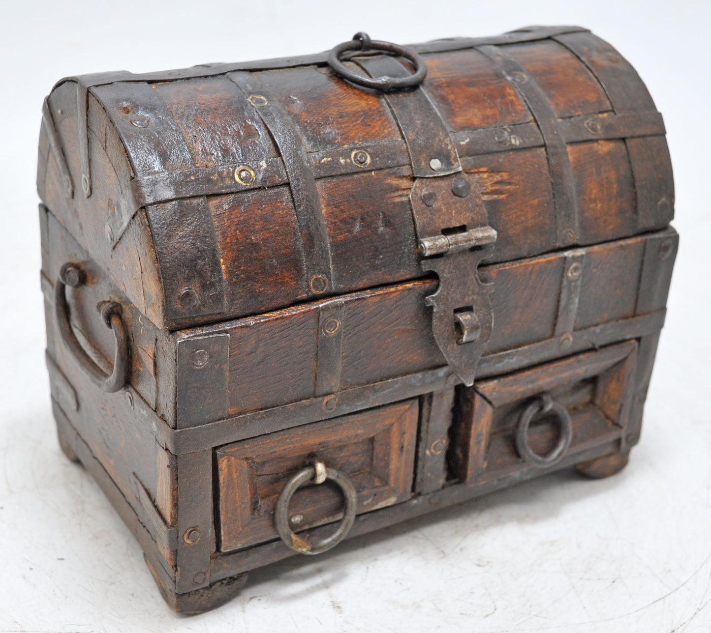 Vintage Wooden Half Round Storage Box Original Old Hand Crafted Metal Fitted