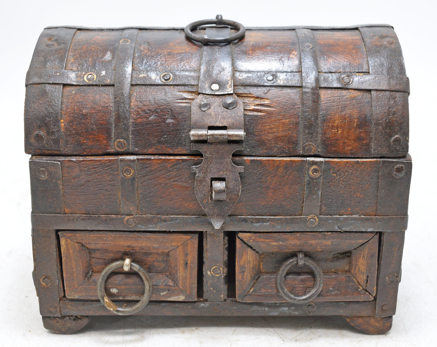 Vintage Wooden Half Round Storage Box Original Old Hand Crafted Metal Fitted