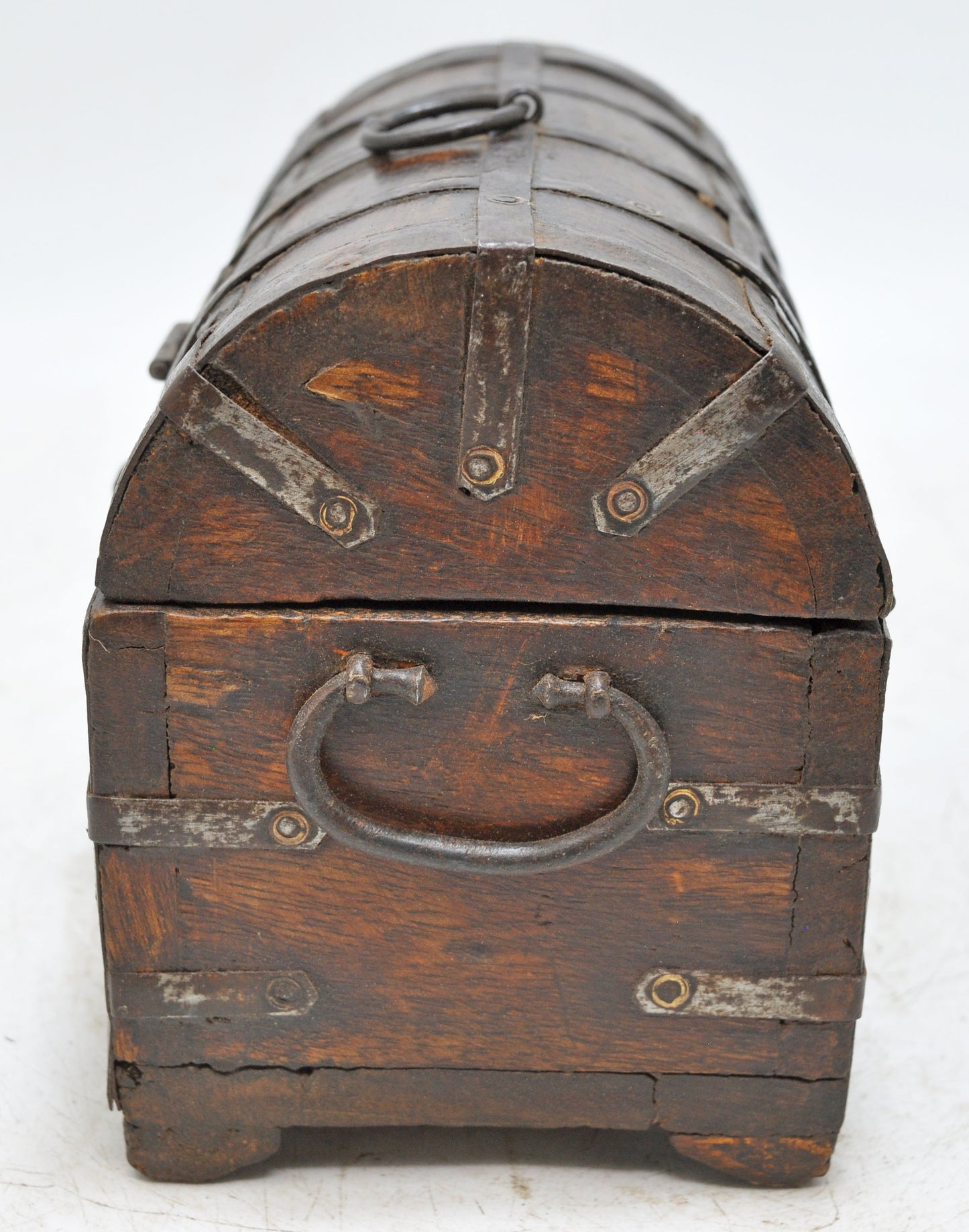 Vintage Wooden Half Round Storage Box Original Old Hand Crafted Metal Fitted