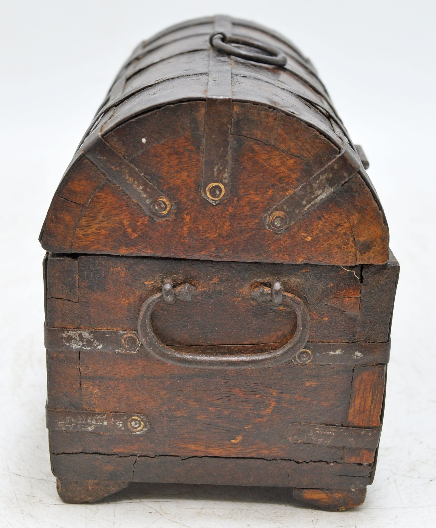 Vintage Wooden Half Round Storage Box Original Old Hand Crafted Metal Fitted