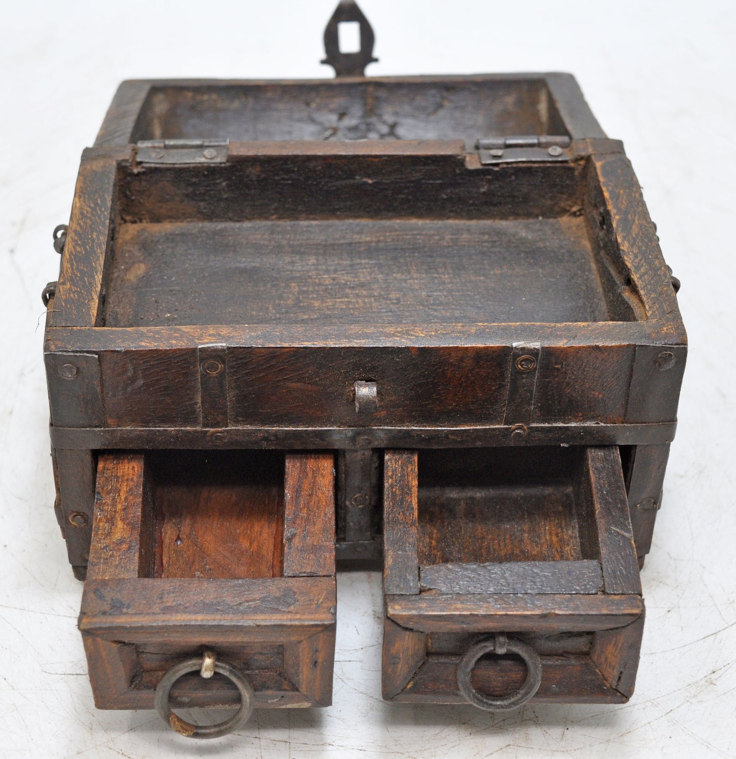 Vintage Wooden Half Round Storage Box Original Old Hand Crafted Metal Fitted