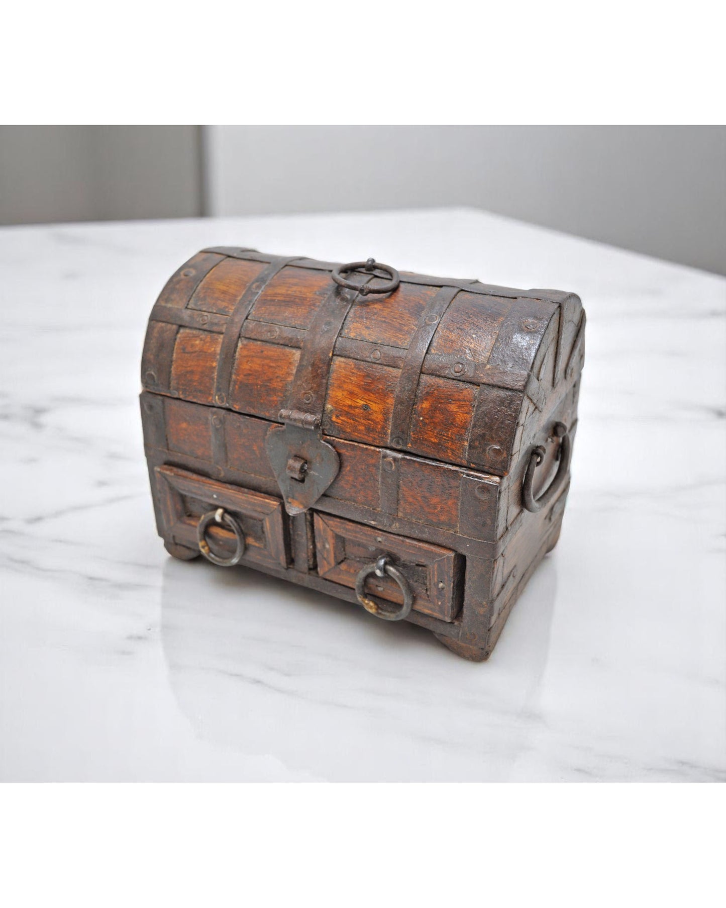 Vintage Wooden Half Round Storage Box Original Old Hand Crafted Metal Fitted