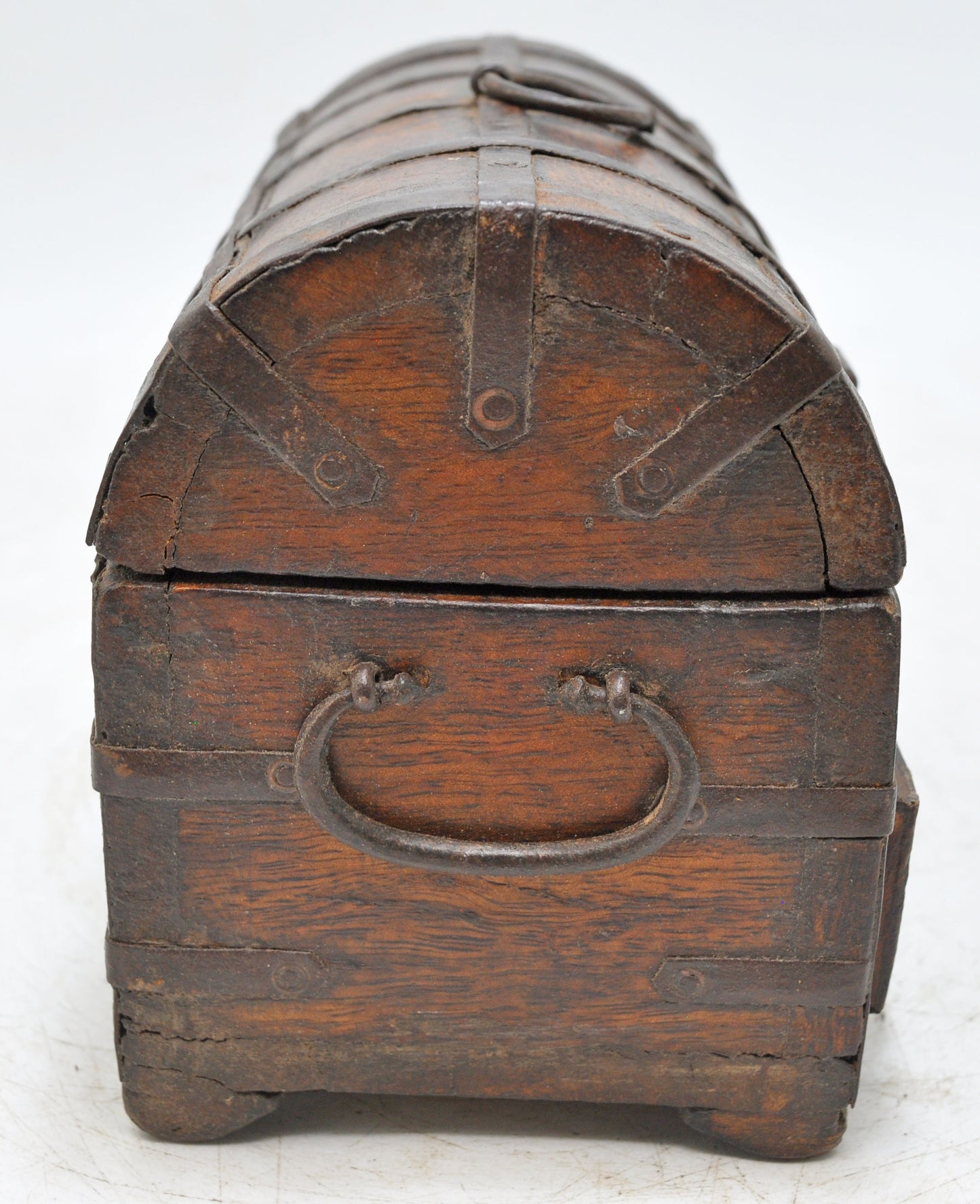 Vintage Wooden Half Round Storage Box Original Old Hand Crafted Metal Fitted