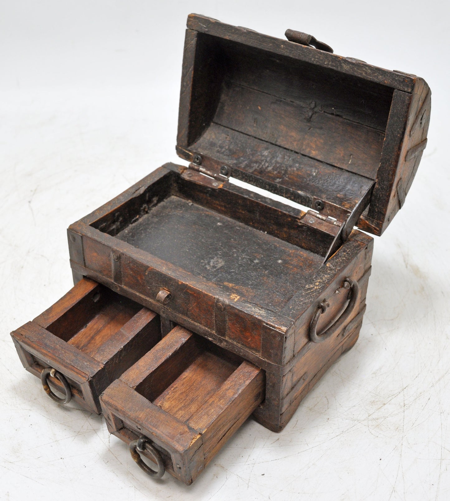 Vintage Wooden Half Round Storage Box Original Old Hand Crafted Metal Fitted