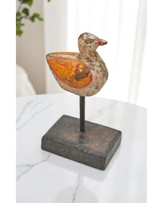 Vintage Wooden Small Duck Figurine on Stand Original Old Hand Carved Painted