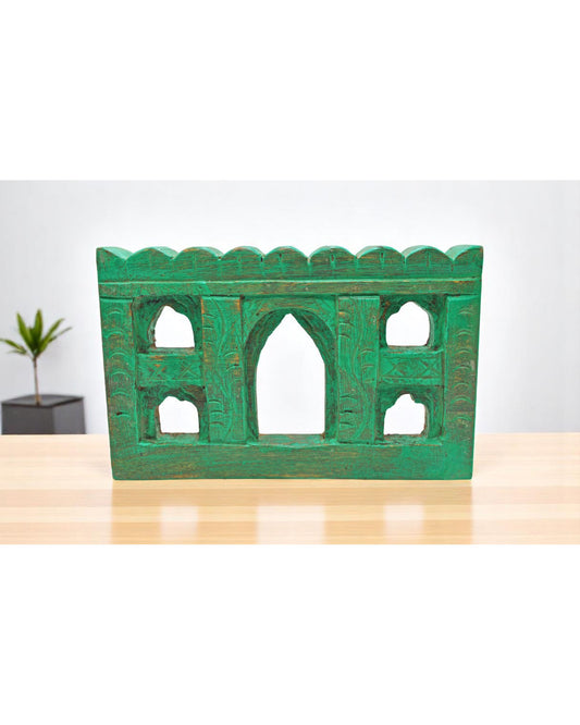 Hand Carved Wooden Arch Shaped Small Frame Rustic Green Painted