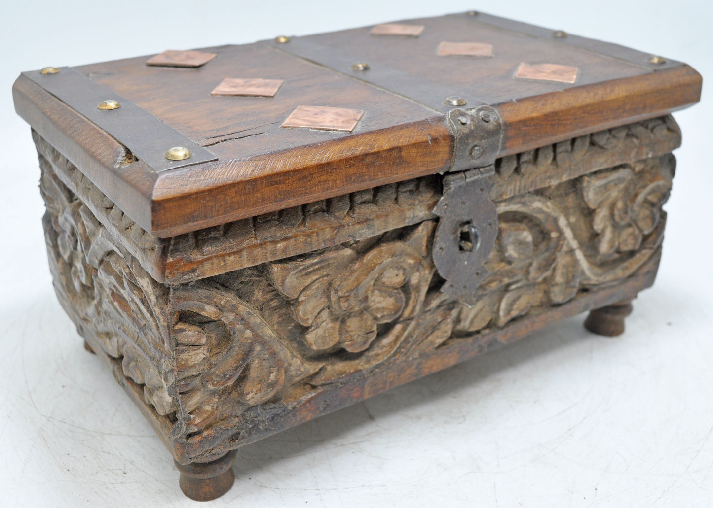 Antique Wooden Storage Chest Box Original Old Fine Hand Carved Metal Fitted