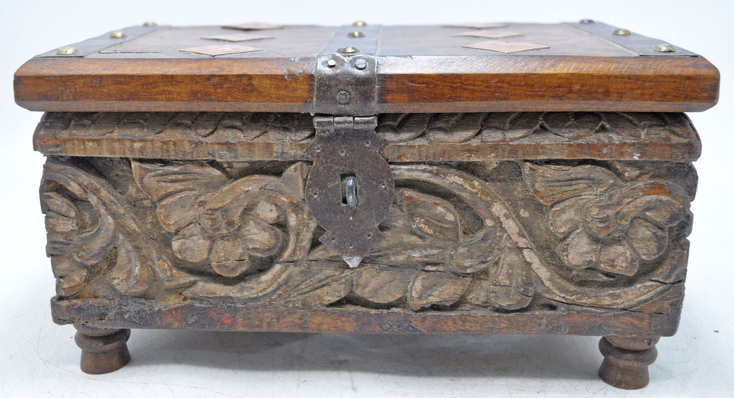 Antique Wooden Storage Chest Box Original Old Fine Hand Carved Metal Fitted