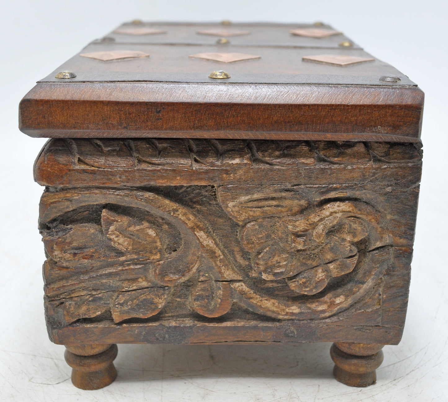 Antique Wooden Storage Chest Box Original Old Fine Hand Carved Metal Fitted