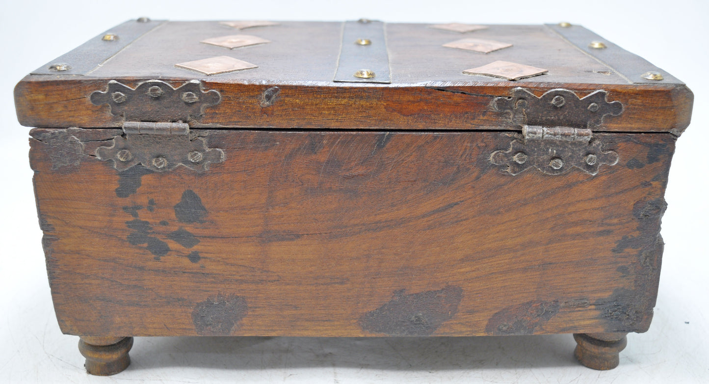 Antique Wooden Storage Chest Box Original Old Fine Hand Carved Metal Fitted