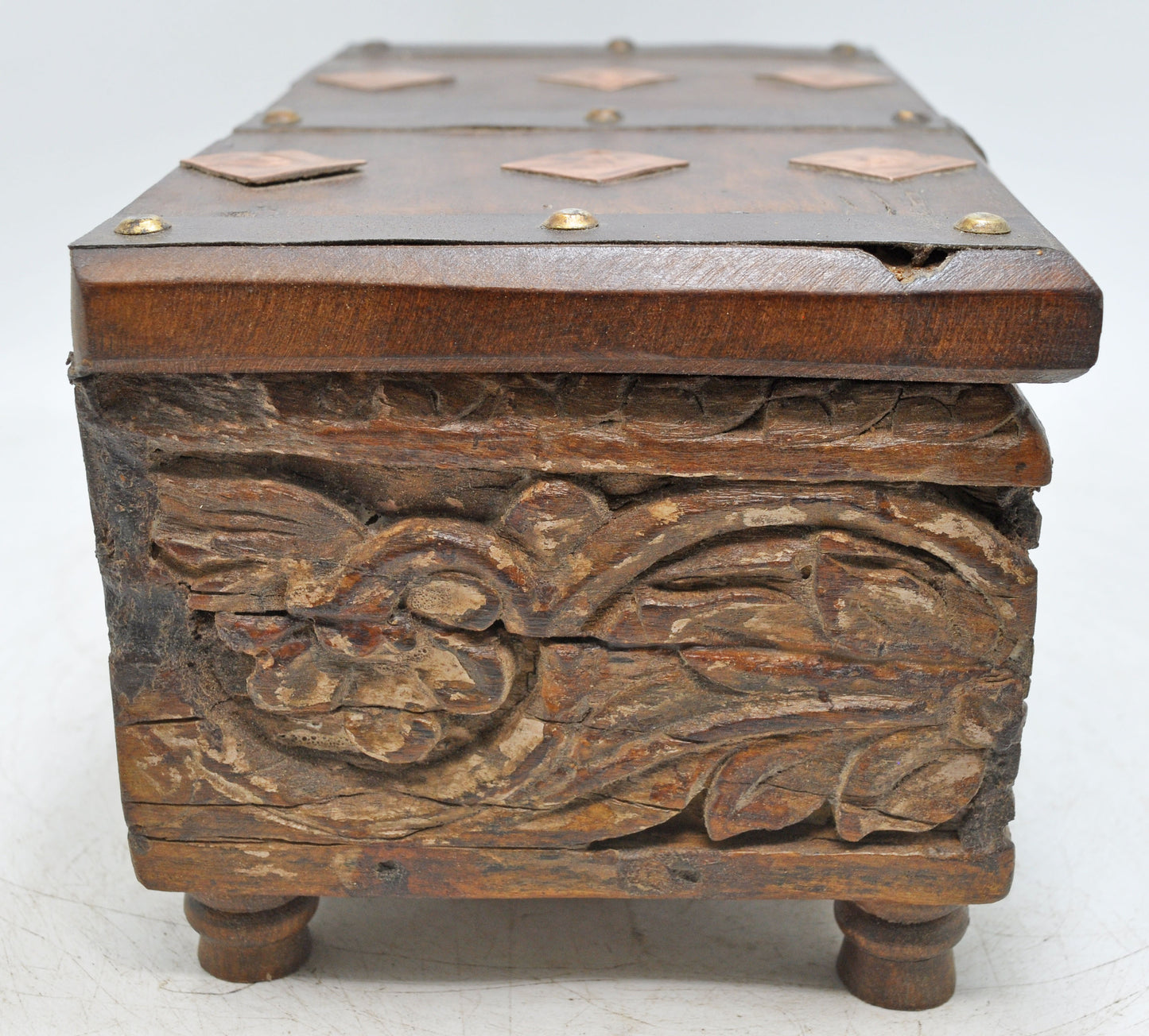 Antique Wooden Storage Chest Box Original Old Fine Hand Carved Metal Fitted