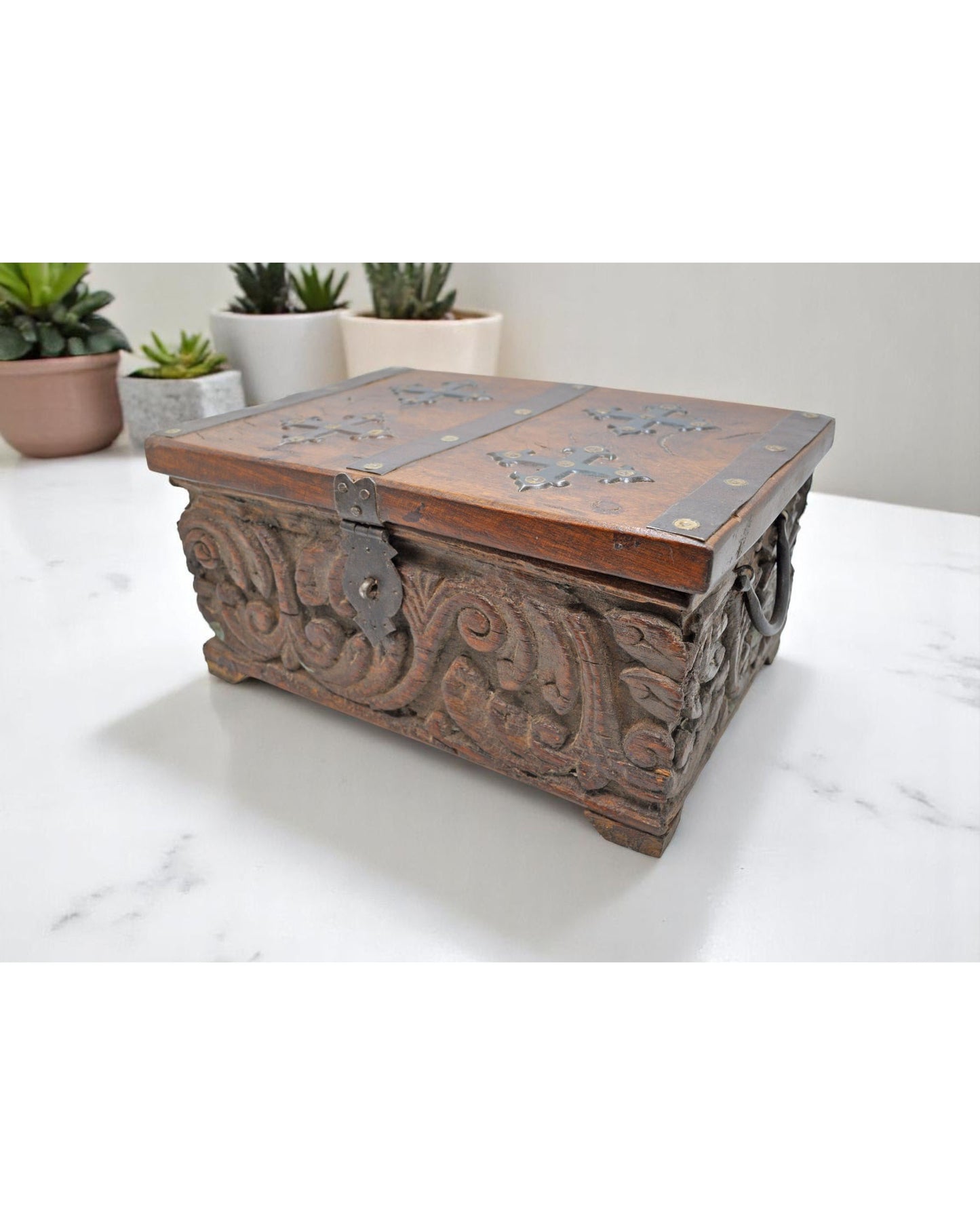 Antique Wooden Storage Chest Box Original Old Fine Hand Carved Metal Fitted