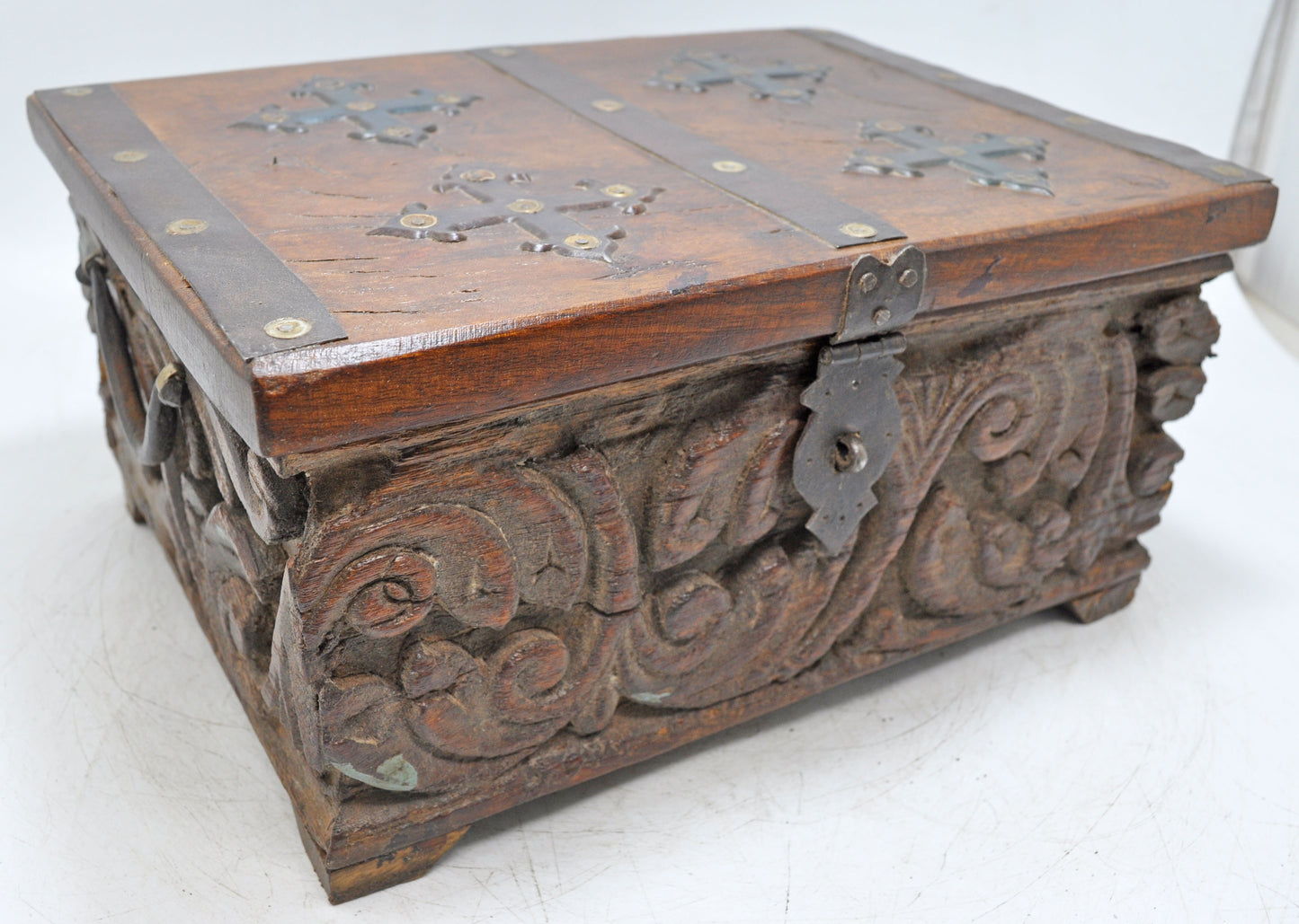 Antique Wooden Storage Chest Box Original Old Fine Hand Carved Metal Fitted