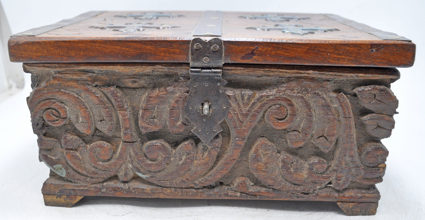 Antique Wooden Storage Chest Box Original Old Fine Hand Carved Metal Fitted