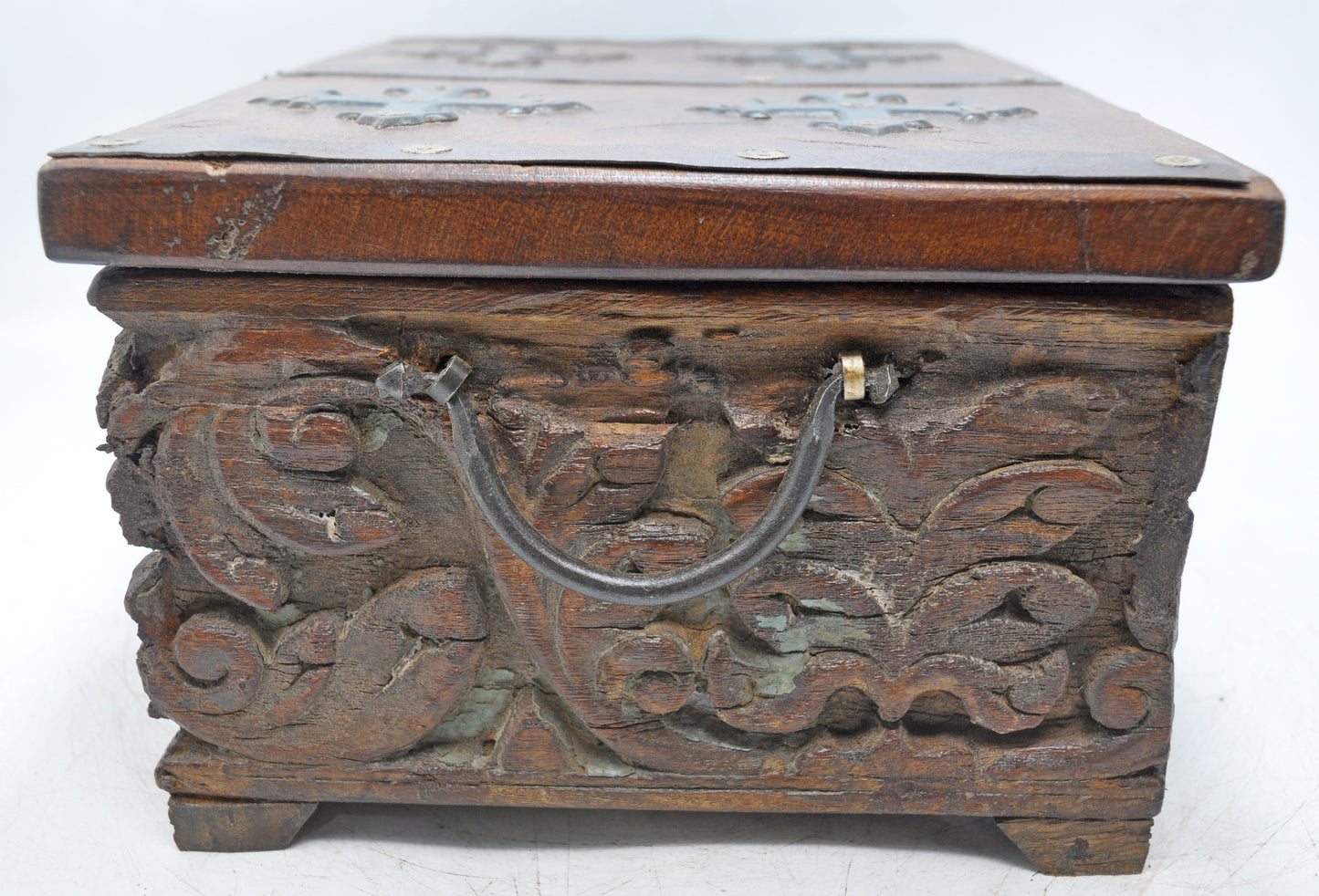 Antique Wooden Storage Chest Box Original Old Fine Hand Carved Metal Fitted